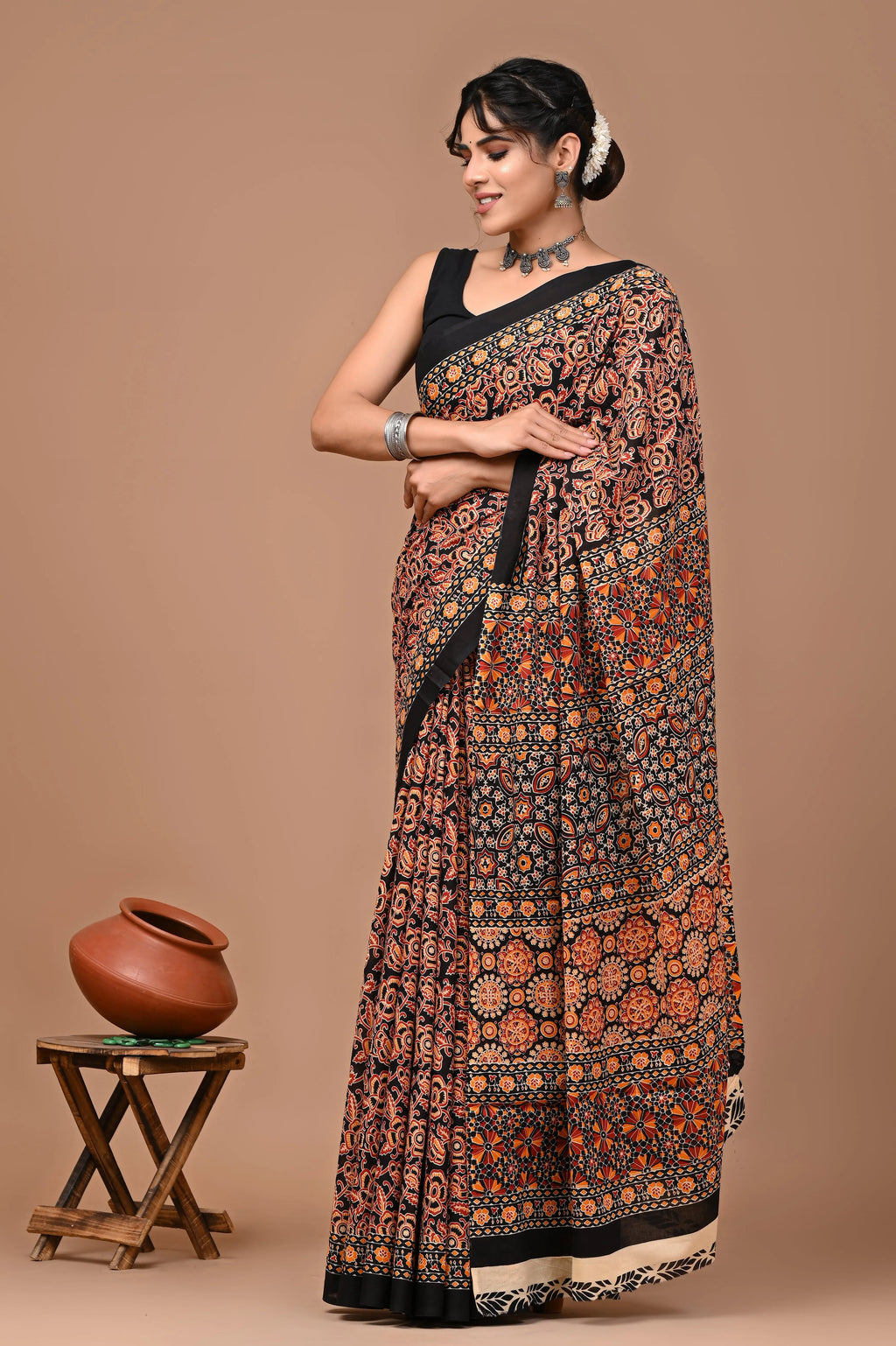 Rovim Jaipuri Traditional Hand Block Printed Cotton Mulmul Saree with Blouse for Women
