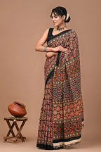 Rovim Jaipuri Traditional Hand Block Printed Cotton Mulmul Saree with Blouse for Women