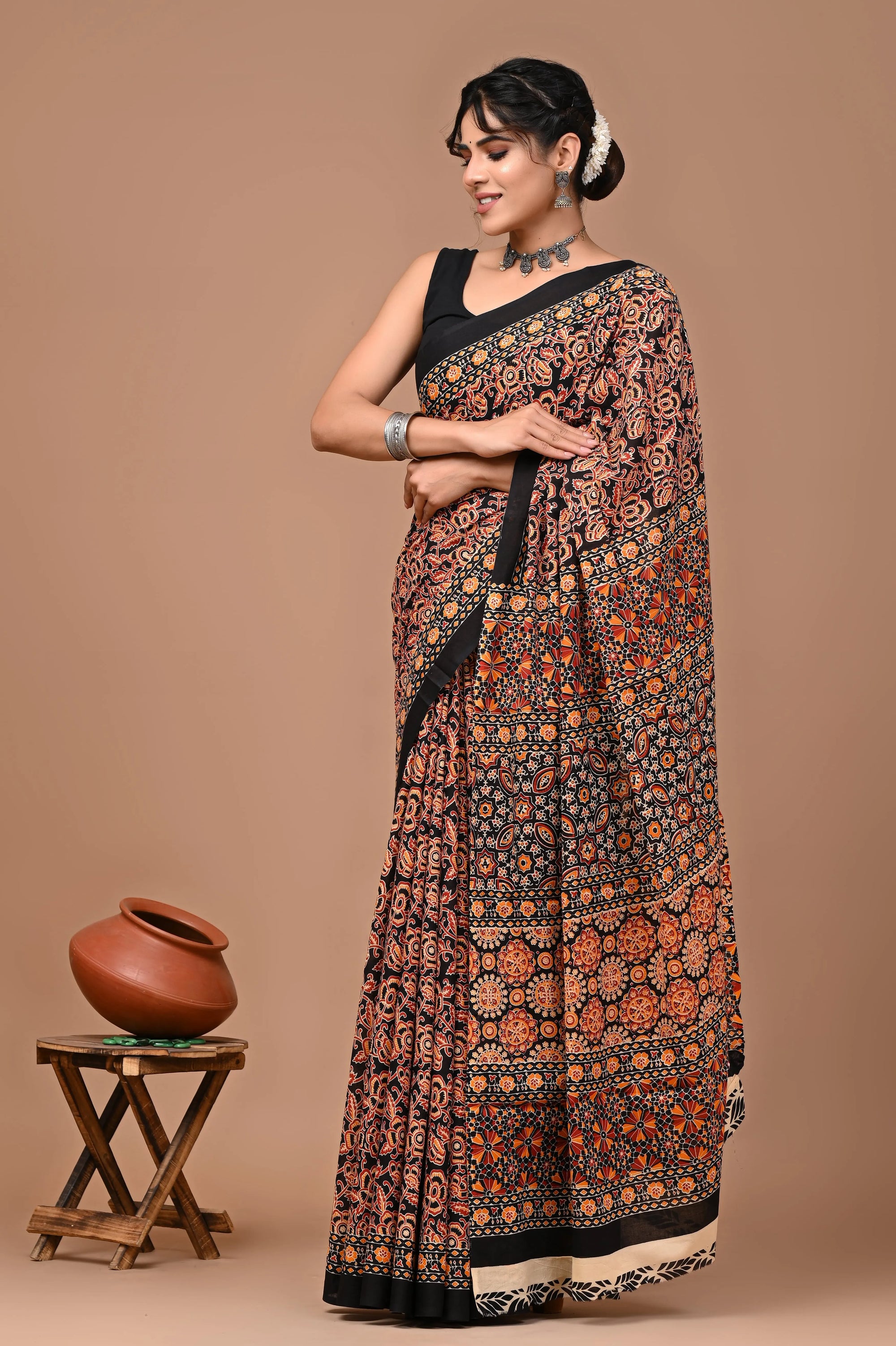 Rovim Jaipuri Traditional Hand Block Printed Cotton Mulmul Saree with Blouse for Women