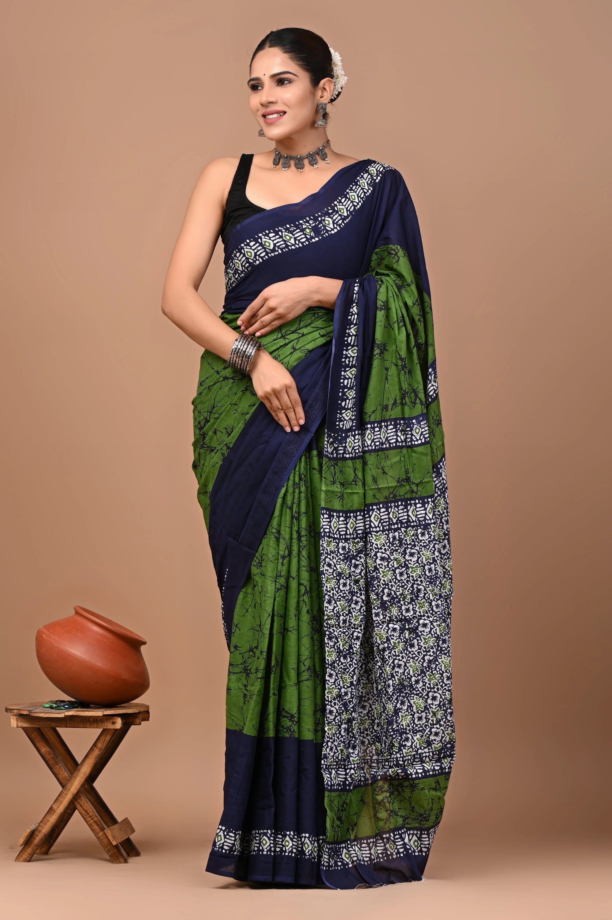JaipuriHandBlockPrintedCottonMulmulSareeswithBlouse