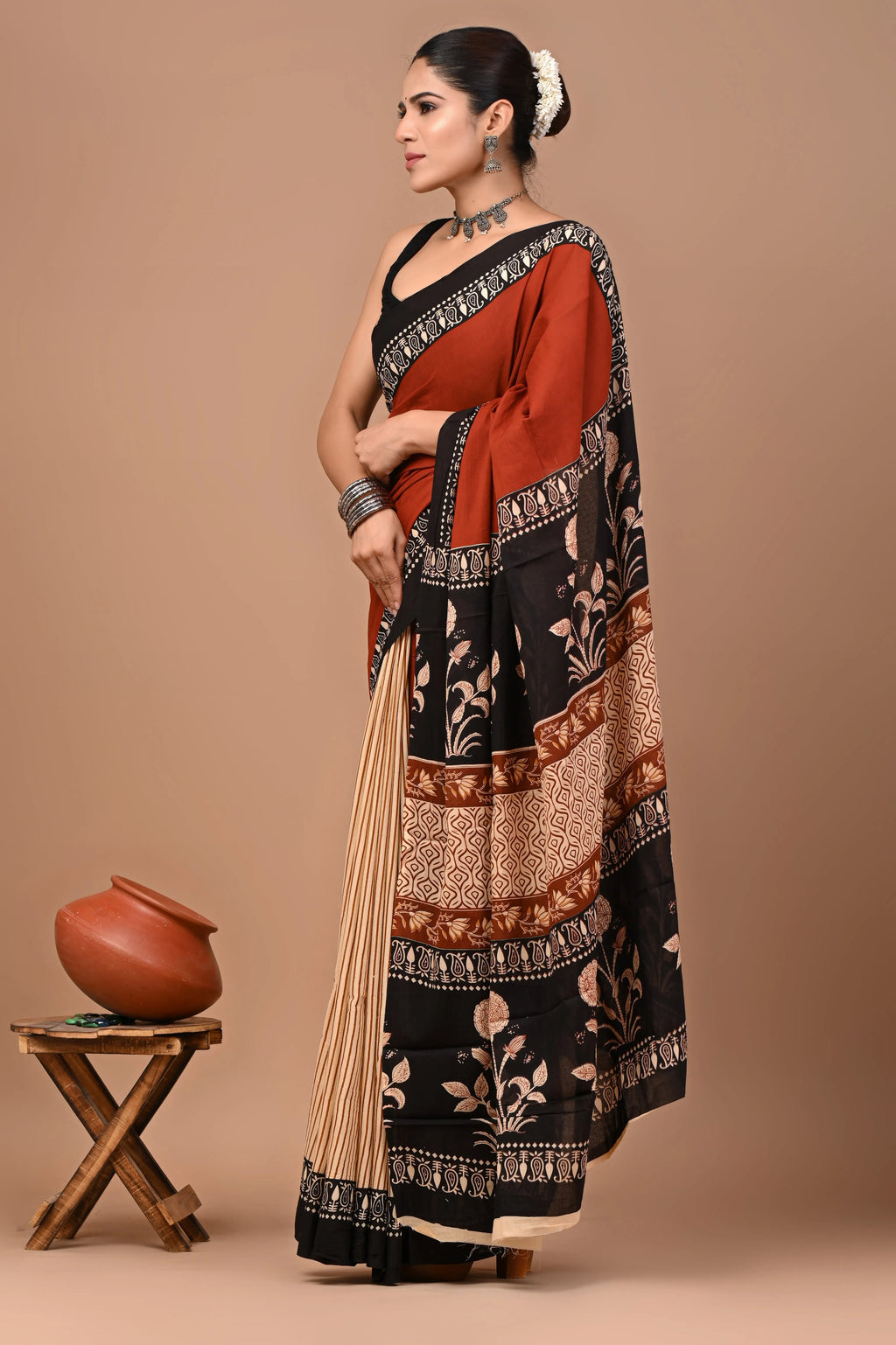 Rovim Jaipuri Traditional Hand Block Printed Cotton Mulmul Saree with Blouse for Women