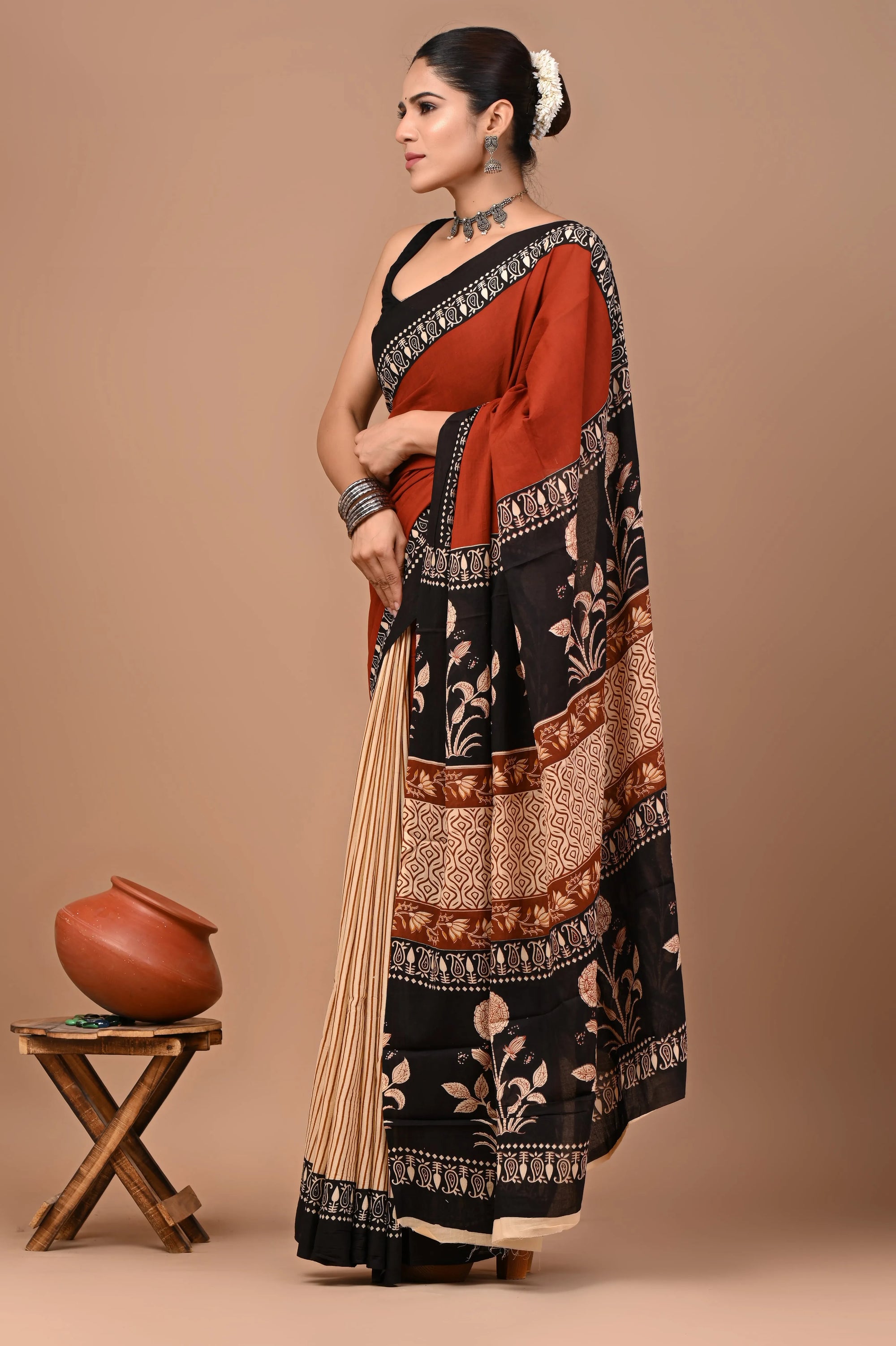 Rovim Jaipuri Traditional Hand Block Printed Cotton Mulmul Saree with Blouse for Women