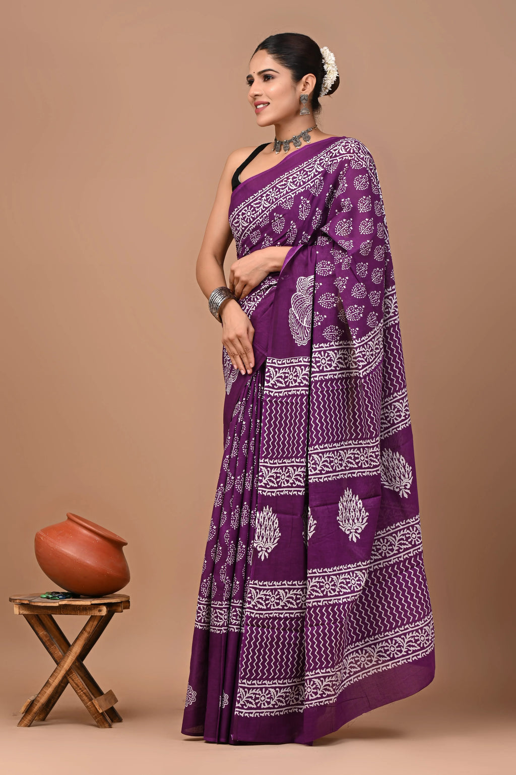 Rovim Jaipuri Traditional Hand Block Printed Cotton Mulmul Saree with Blouse for Women