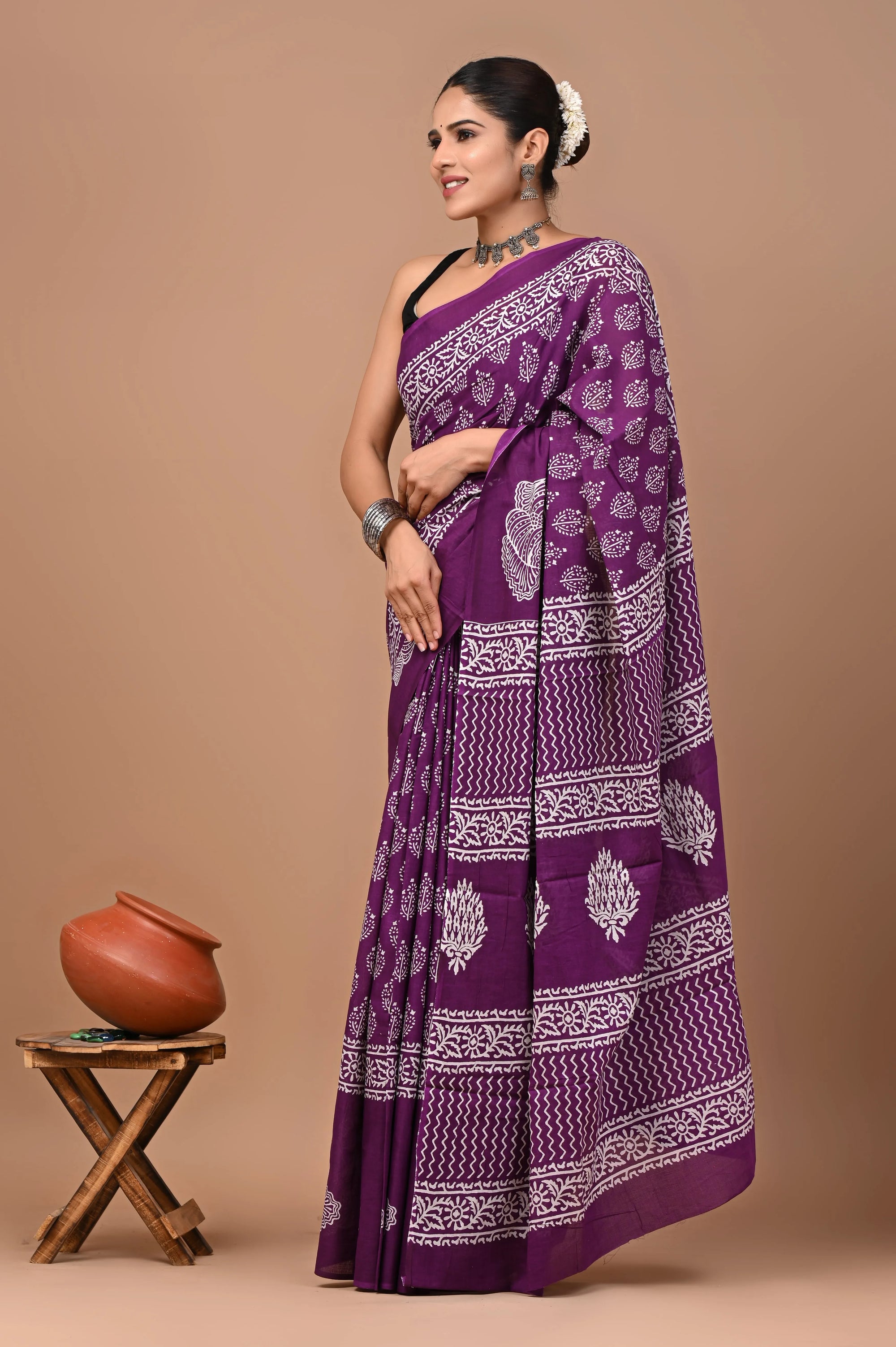 Rovim Jaipuri Traditional Hand Block Printed Cotton Mulmul Saree with Blouse for Women