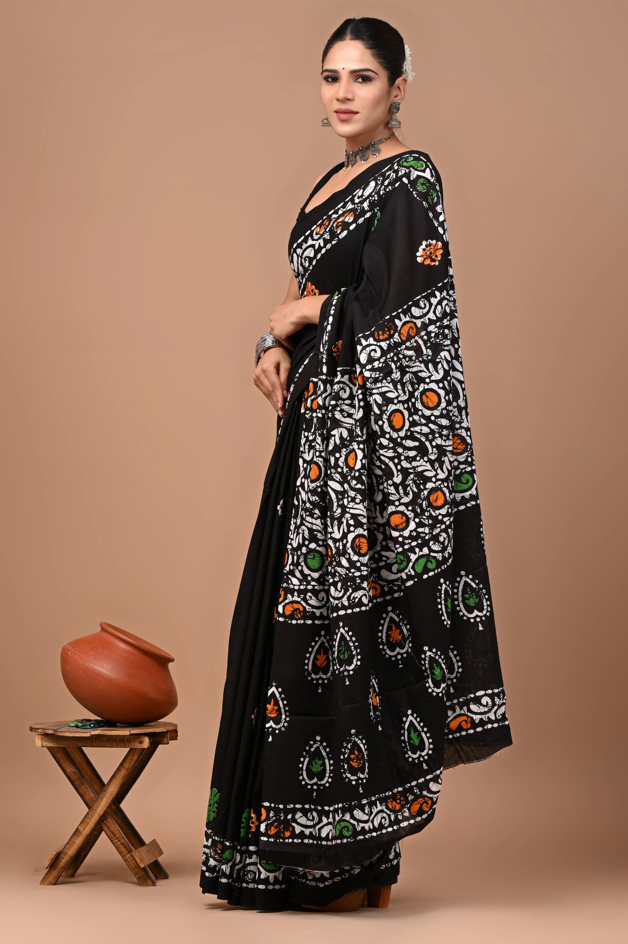 Rovim Jaipuri Traditional Hand Block Printed Cotton Mulmul Saree with Blouse for Women