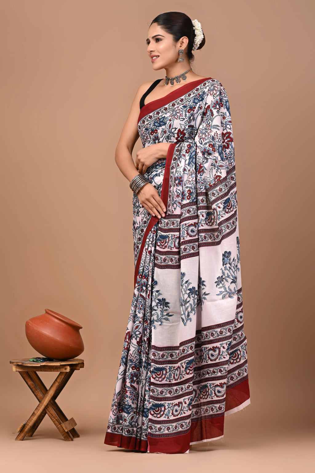 Rovim Jaipuri Traditional Hand Block Printed Cotton Mulmul Saree with Blouse for Women
