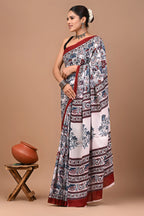 Rovim Jaipuri Traditional Hand Block Printed Cotton Mulmul Saree with Blouse for Women