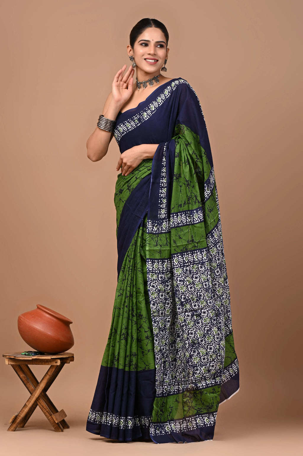Rovim Jaipuri Traditional Hand Block Printed Cotton Mulmul Saree with Blouse for Women