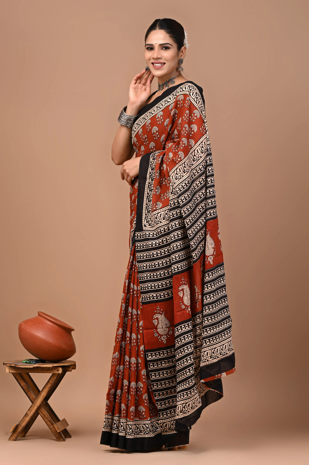 Rovim Jaipuri Traditional Hand Block Printed Cotton Mulmul Saree with Blouse for Women