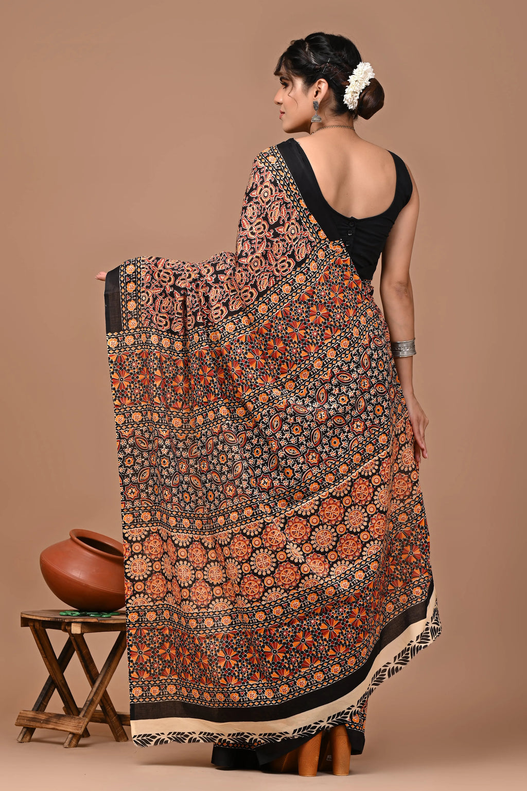 Rovim Jaipuri Traditional Hand Block Printed Cotton Mulmul Saree with Blouse for Women