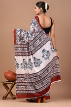 Rovim Jaipuri Traditional Hand Block Printed Cotton Mulmul Saree with Blouse for Women