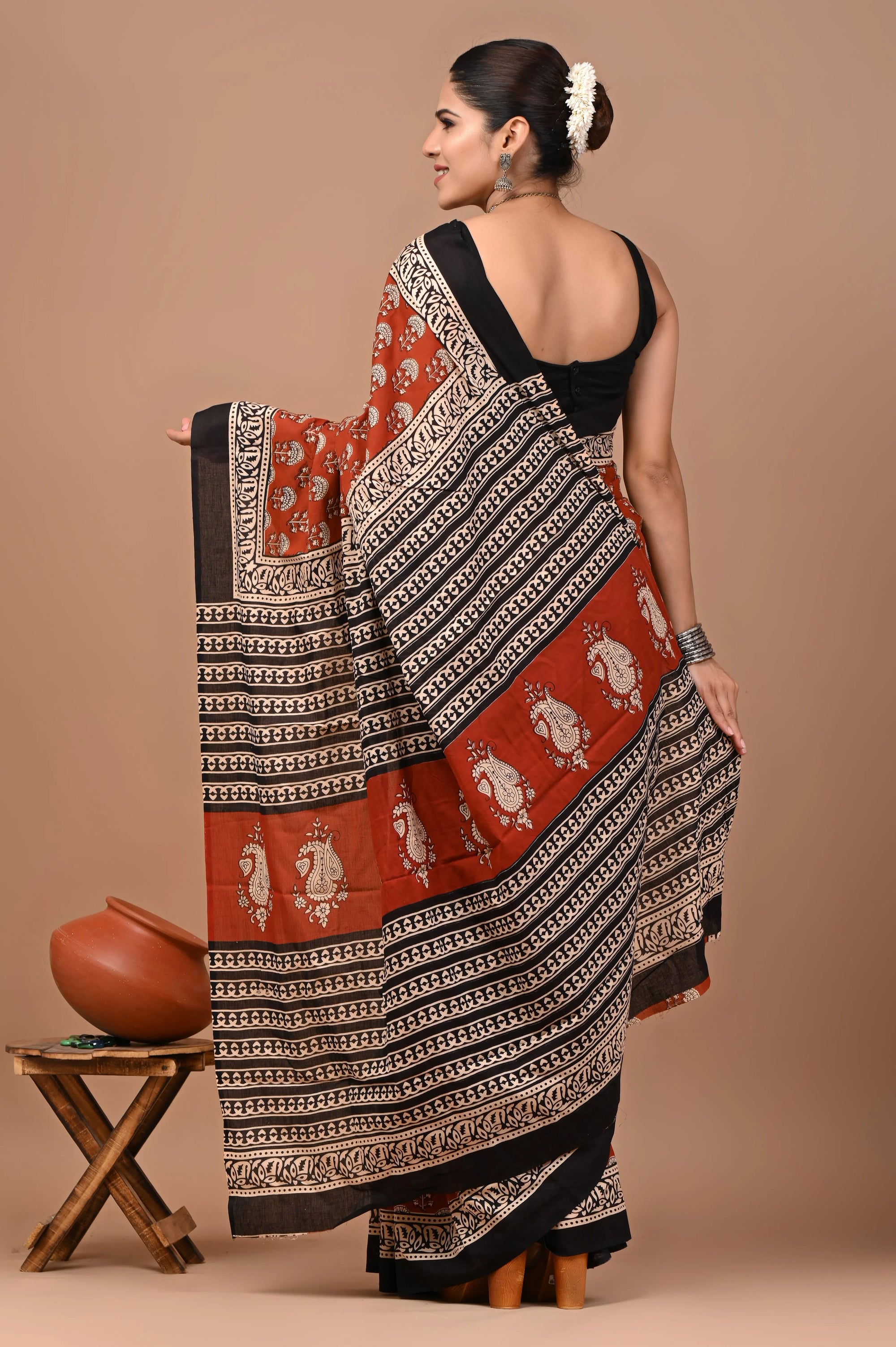 Rovim Jaipuri Traditional Hand Block Printed Cotton Mulmul Saree with Blouse for Women