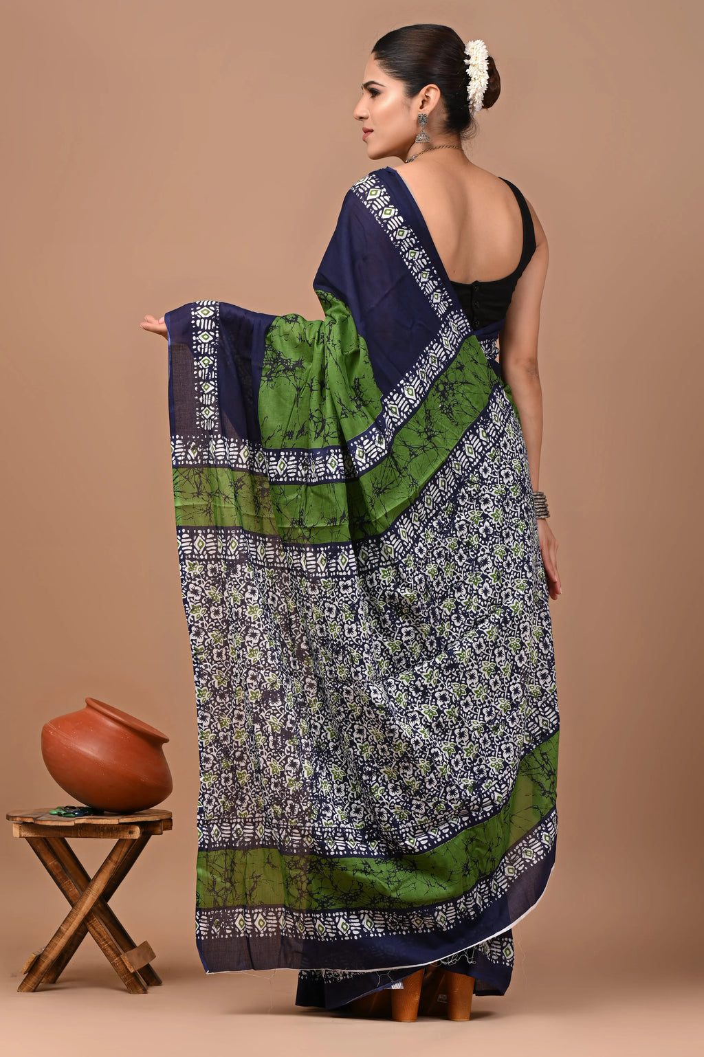 Rovim Jaipuri Traditional Hand Block Printed Cotton Mulmul Saree with Blouse for Women