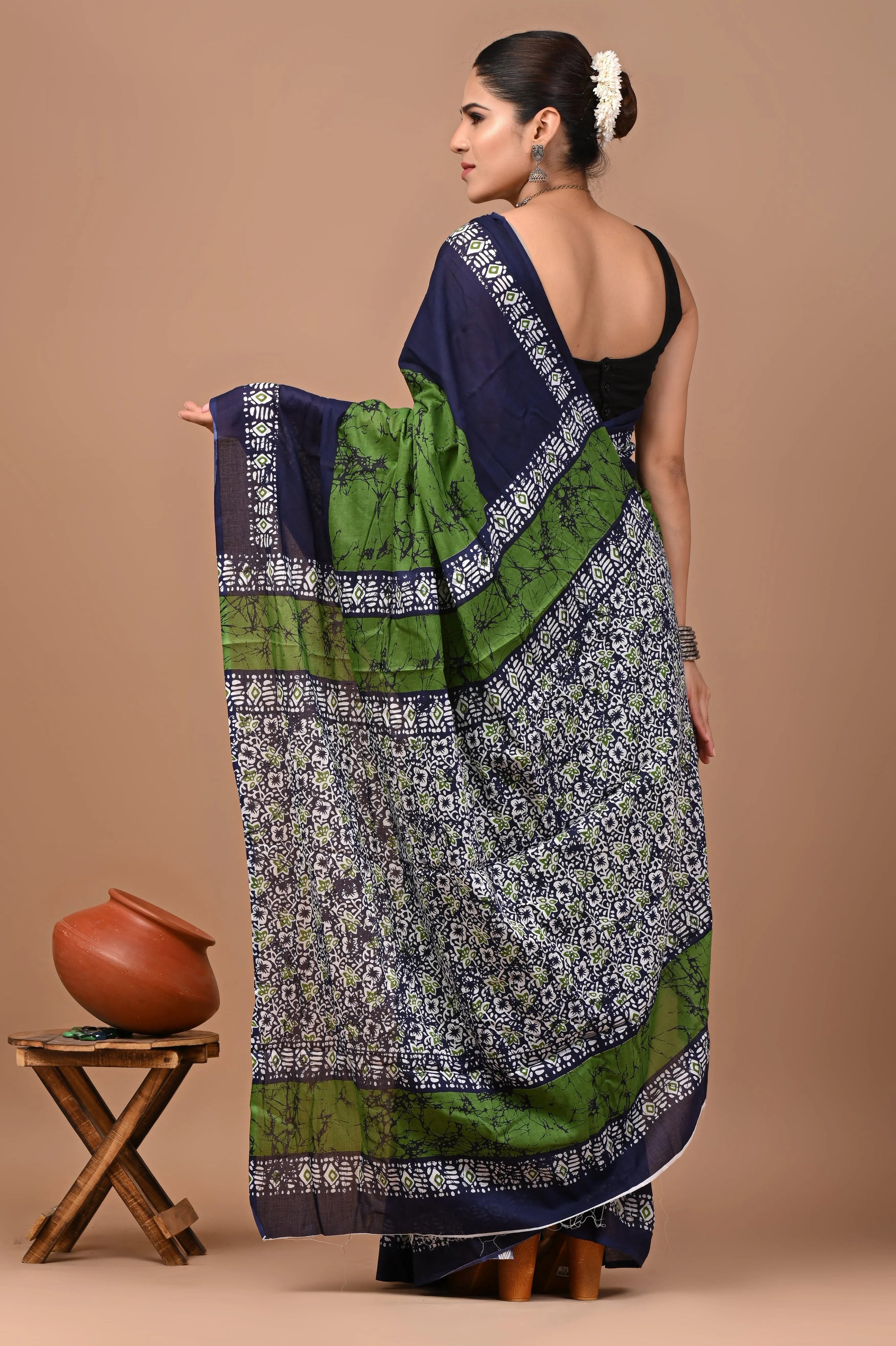 Rovim Jaipuri Traditional Hand Block Printed Cotton Mulmul Saree with Blouse for Women