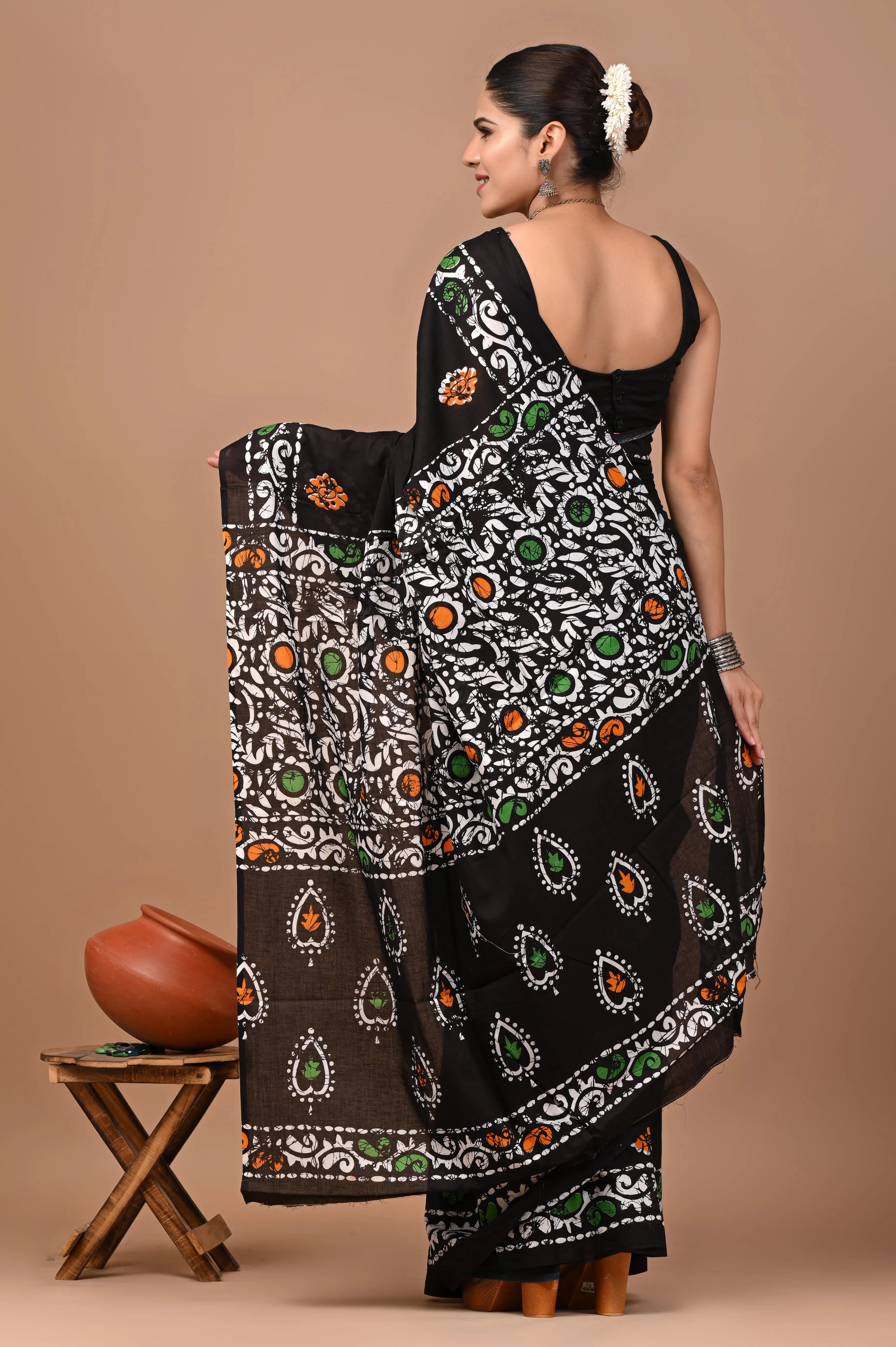 Rovim Jaipuri Traditional Hand Block Printed Cotton Mulmul Saree with Blouse for Women
