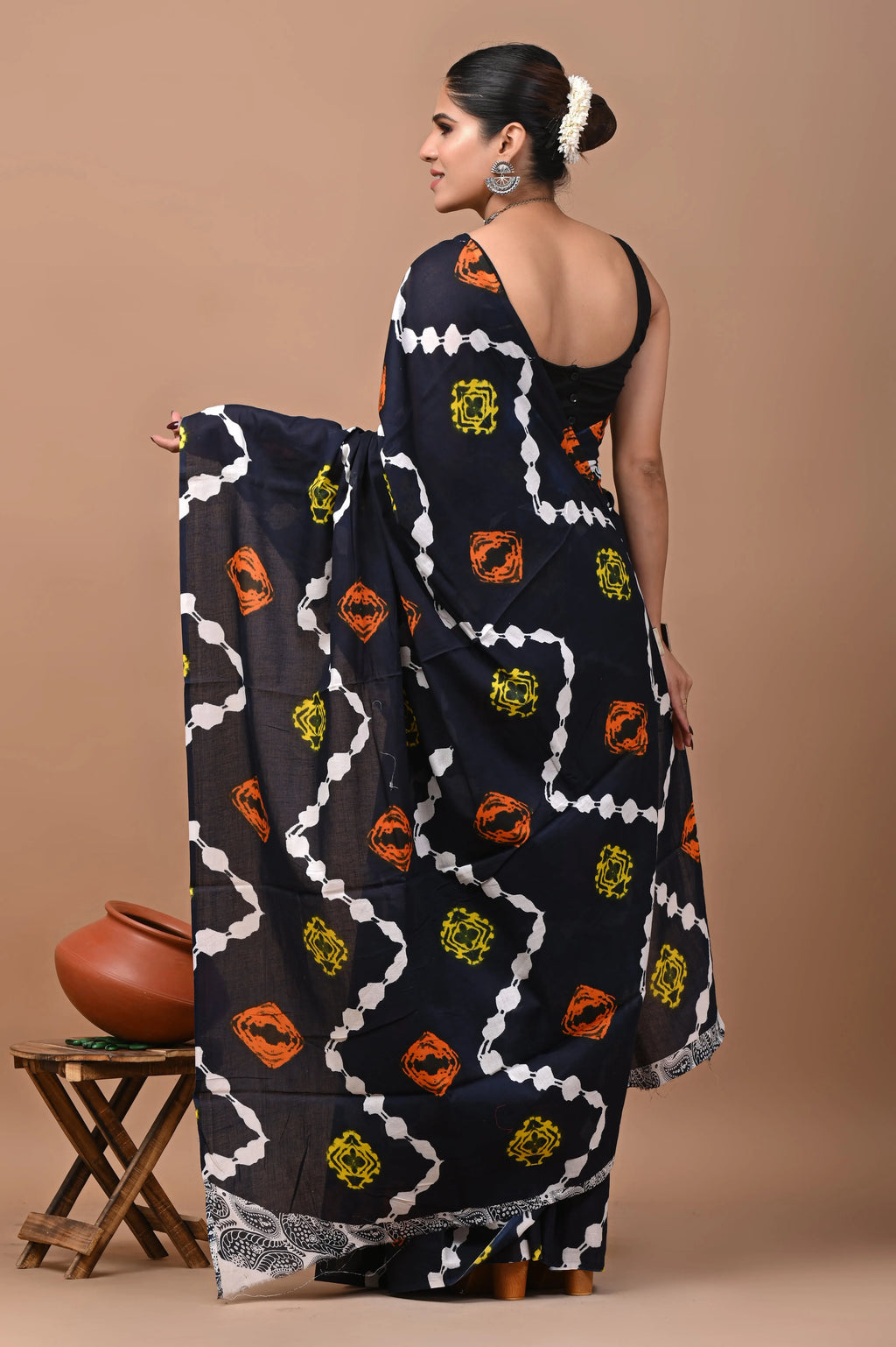 Rovim Jaipuri Traditional Hand Block Printed Cotton Mulmul Saree with Blouse for Women