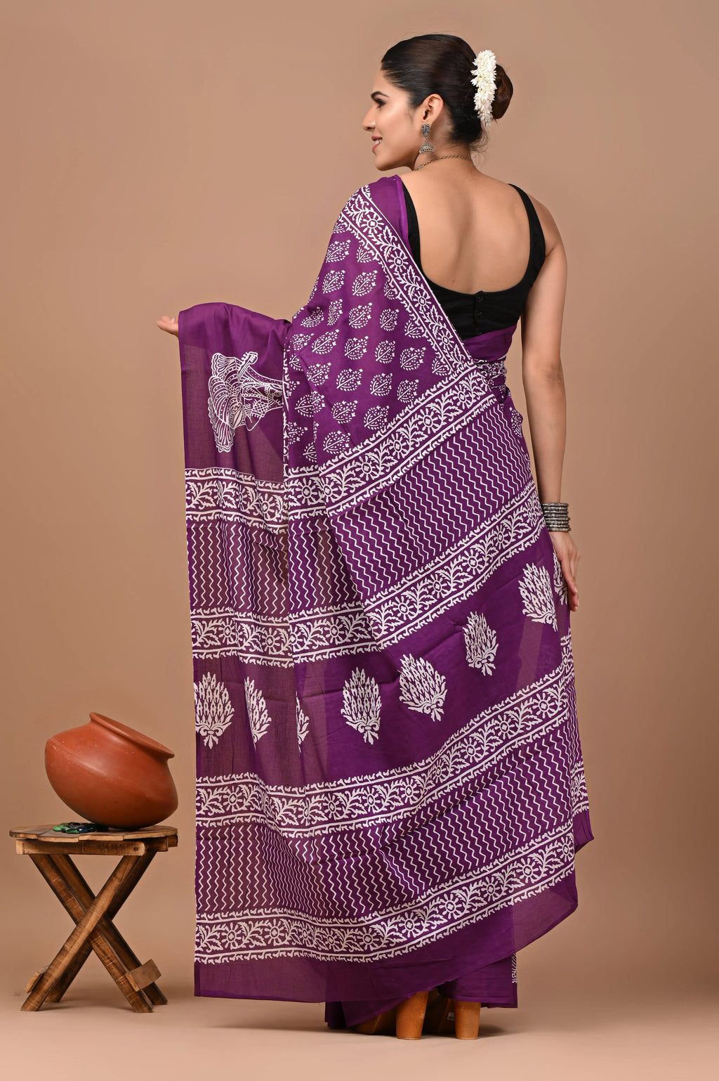 Rovim Jaipuri Traditional Hand Block Printed Cotton Mulmul Saree with Blouse for Women