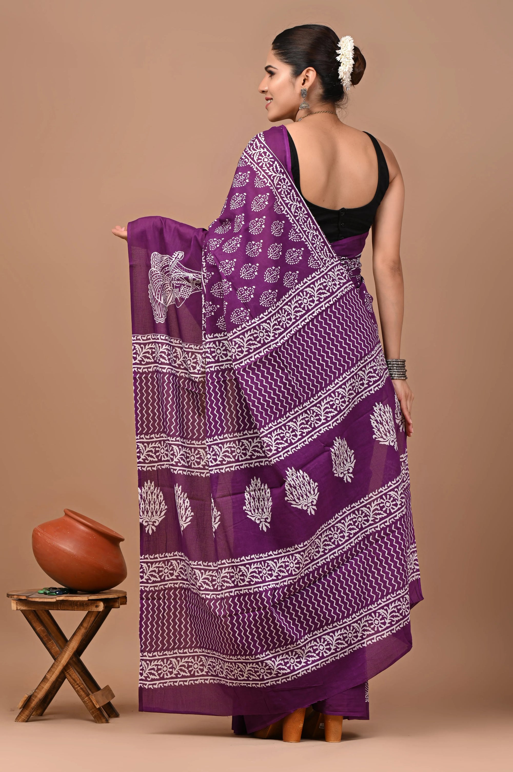 Rovim Jaipuri Traditional Hand Block Printed Cotton Mulmul Saree with Blouse for Women
