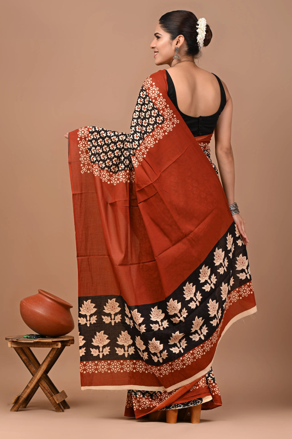 Rovim Jaipuri Traditional Hand Block Printed Cotton Mulmul Saree with Blouse for Women