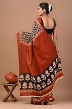 Rovim Jaipuri Traditional Hand Block Printed Cotton Mulmul Saree with Blouse for Women