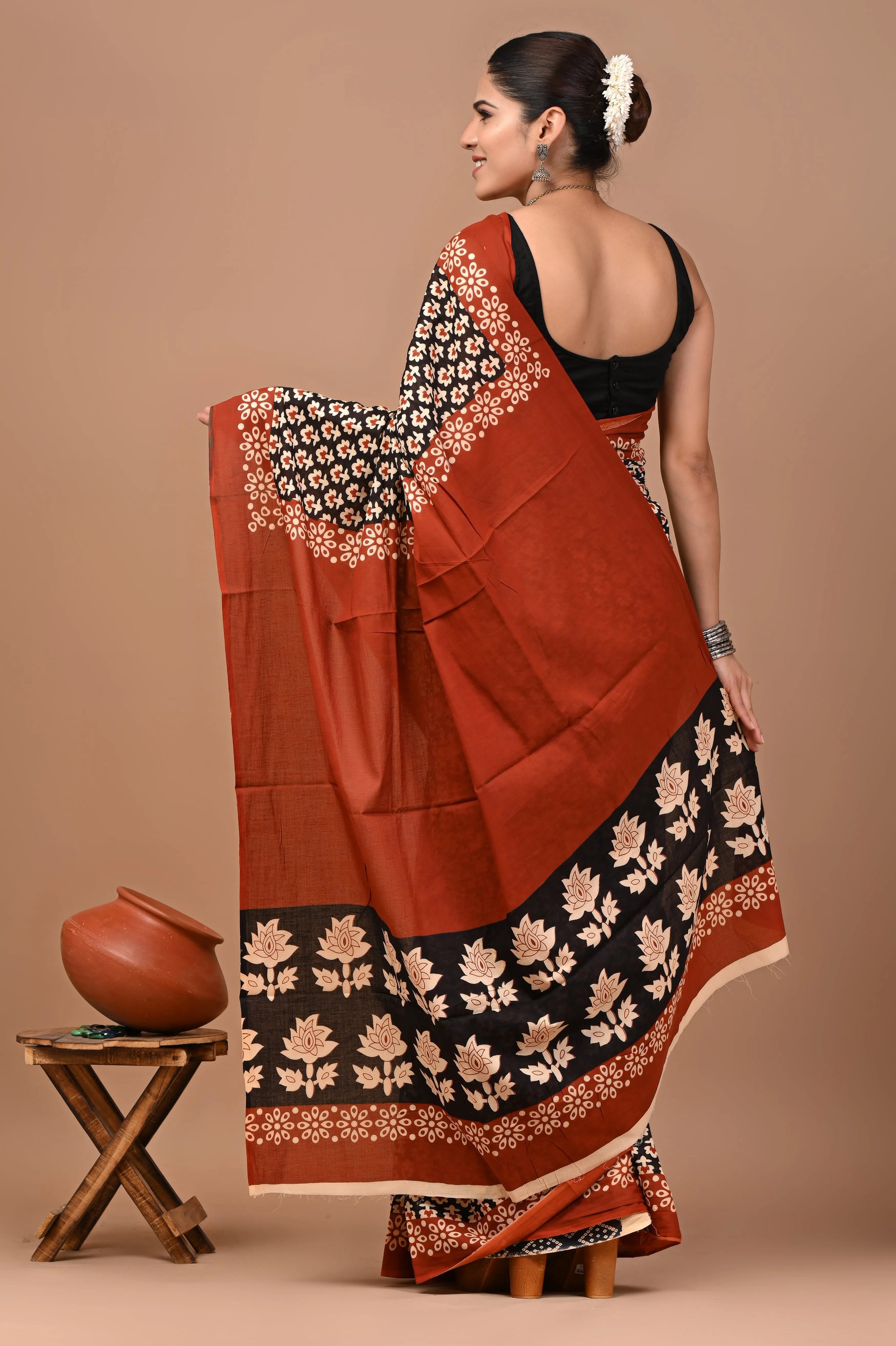 Rovim Jaipuri Traditional Hand Block Printed Cotton Mulmul Saree with Blouse for Women