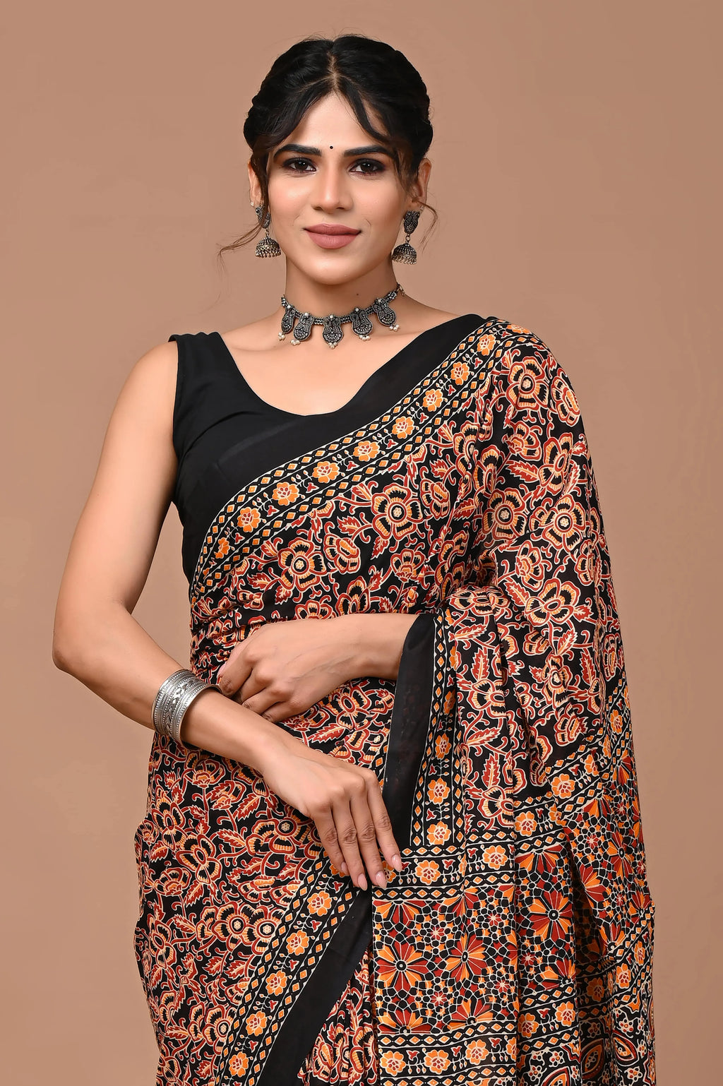 Rovim Jaipuri Traditional Hand Block Printed Cotton Mulmul Saree with Blouse for Women