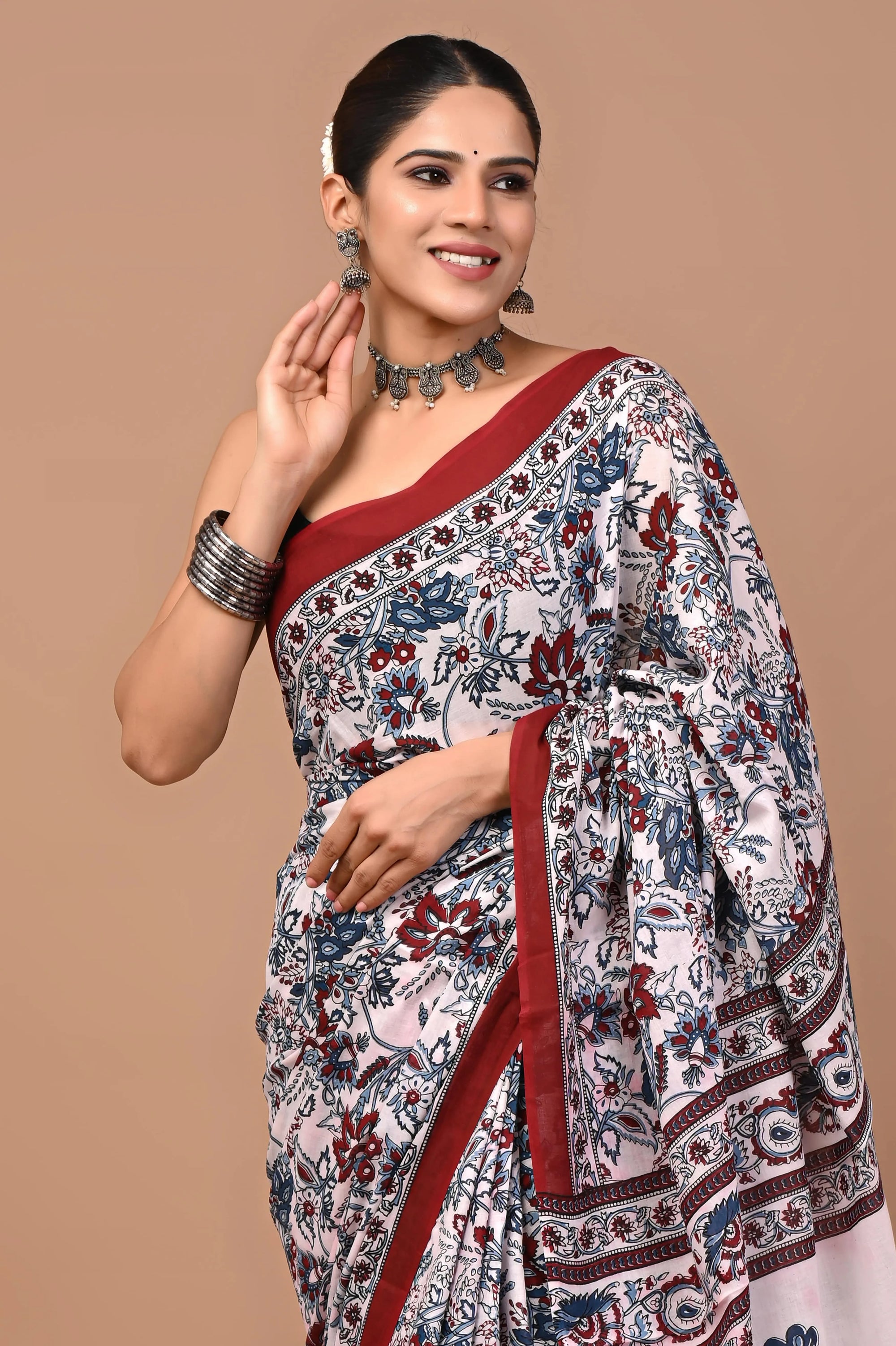 Rovim Jaipuri Traditional Hand Block Printed Cotton Mulmul Saree with Blouse for Women