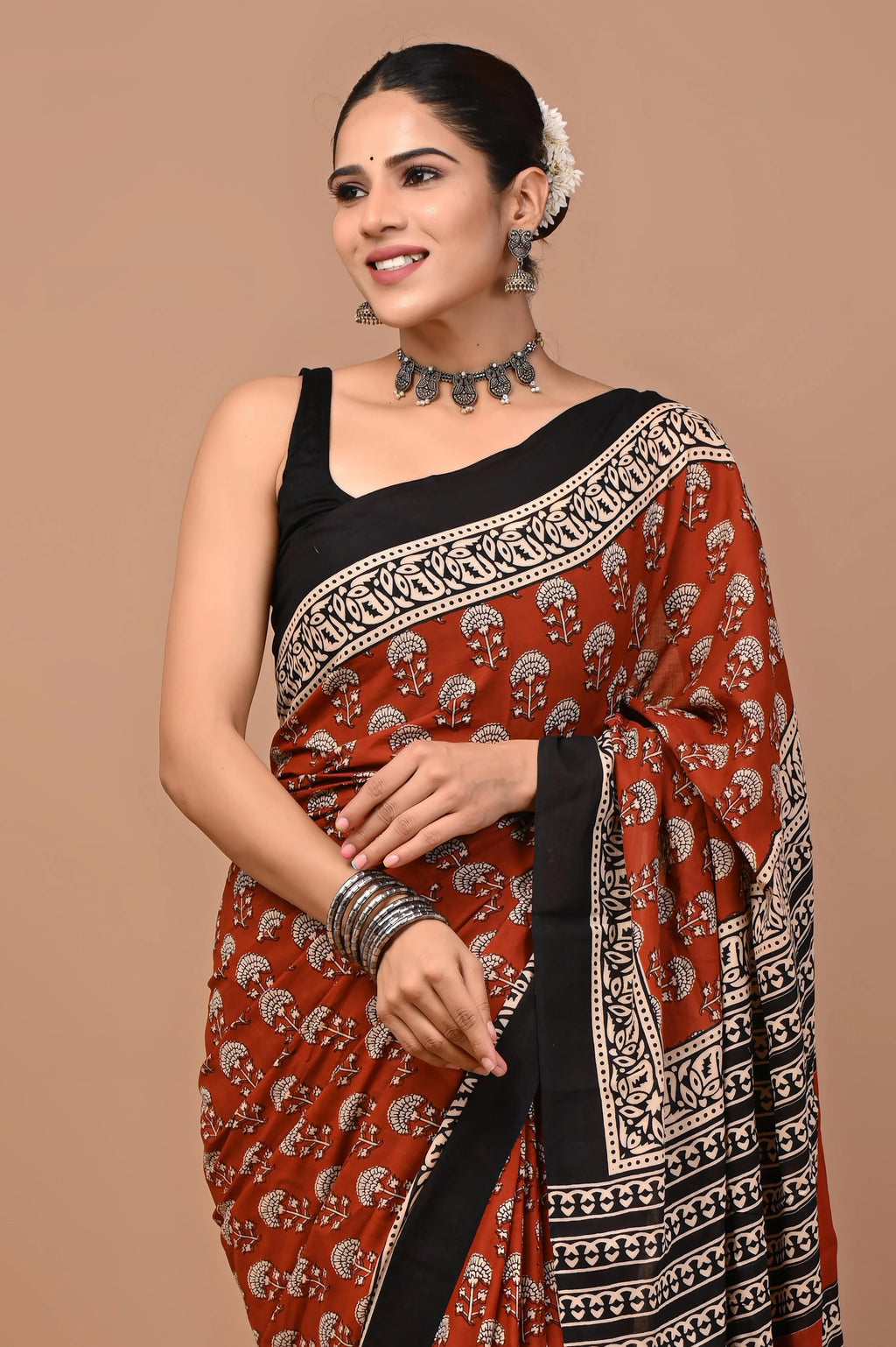 Rovim Jaipuri Traditional Hand Block Printed Cotton Mulmul Saree with Blouse for Women