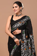 Rovim Jaipuri Traditional Hand Block Printed Cotton Mulmul Saree with Blouse for Women