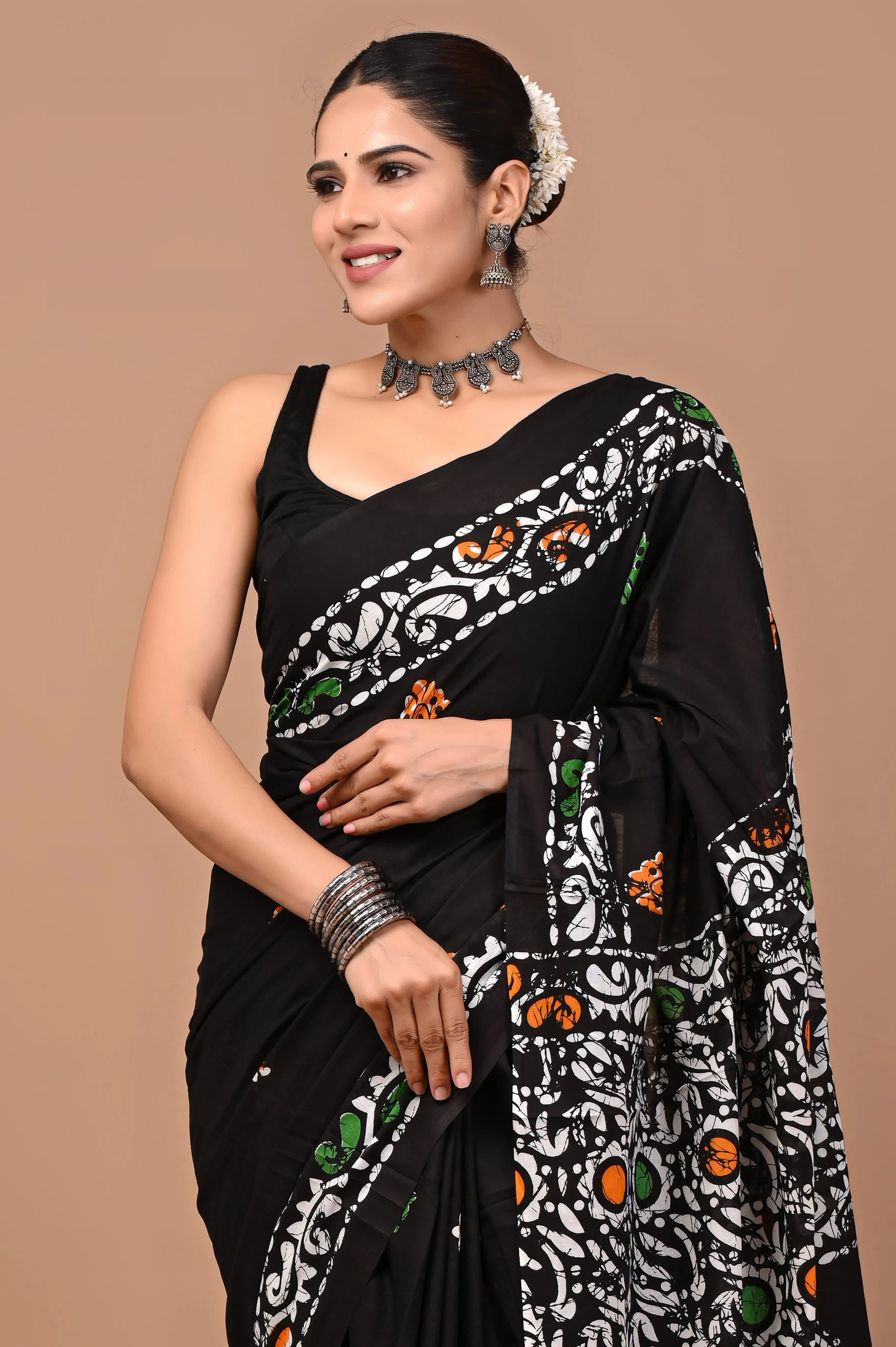 Rovim Jaipuri Traditional Hand Block Printed Cotton Mulmul Saree with Blouse for Women
