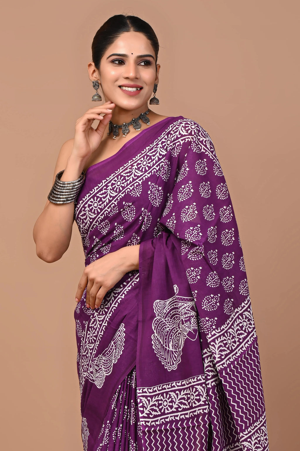 Rovim Jaipuri Traditional Hand Block Printed Cotton Mulmul Saree with Blouse for Women