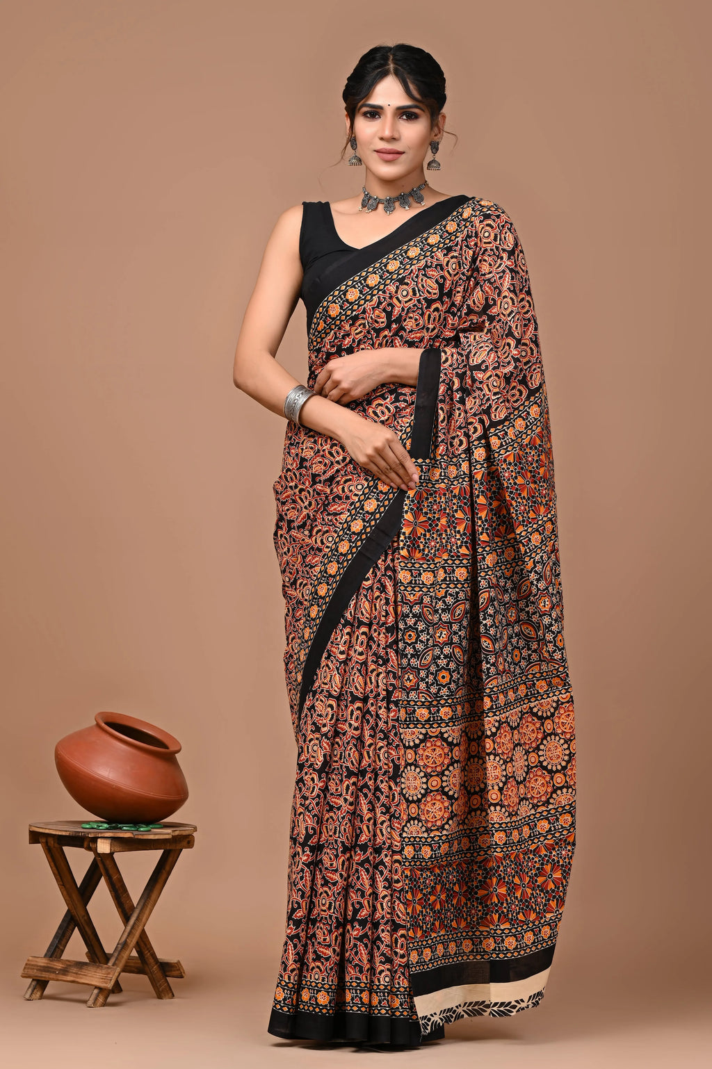 JaipuriHandBlockPrintedCottonMulmulSareeswithBlouse