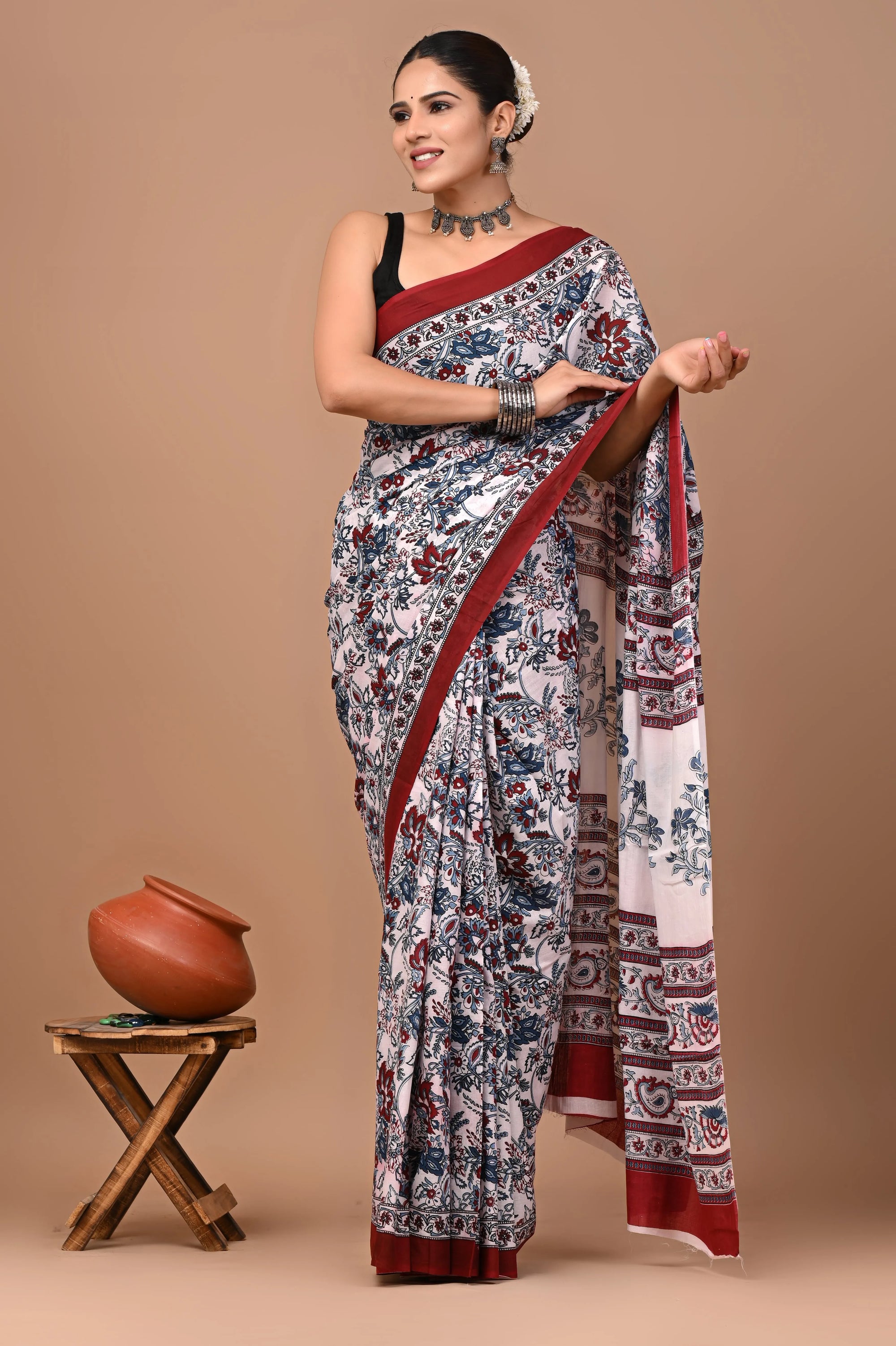 Rovim Jaipuri Traditional Hand Block Printed Cotton Mulmul Saree with Blouse for Women
