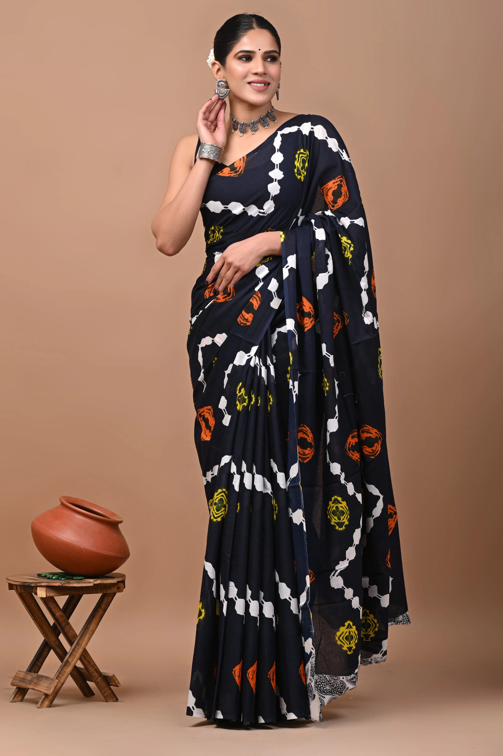Rovim Jaipuri Traditional Hand Block Printed Cotton Mulmul Saree with Blouse for Women