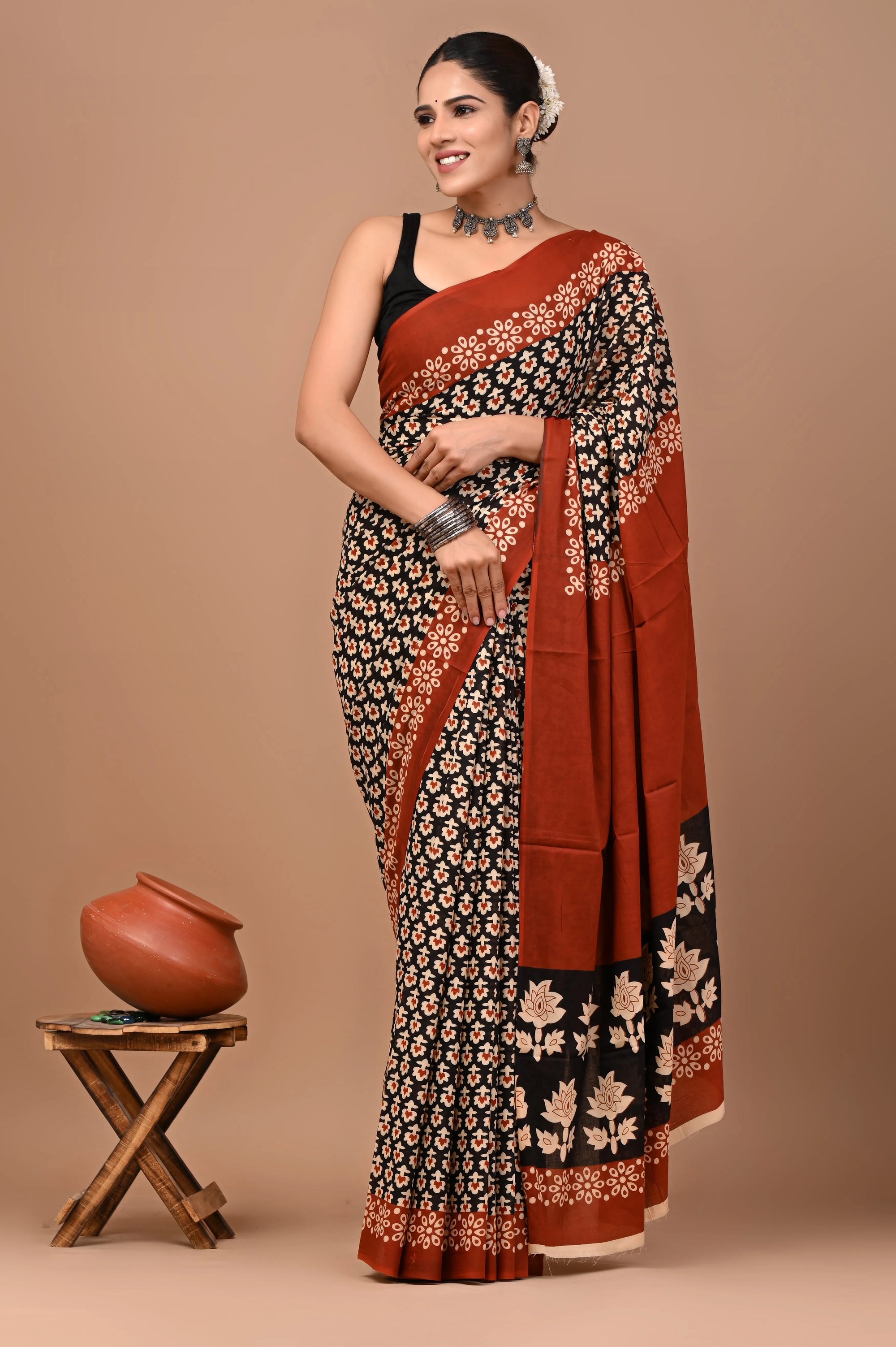 Rovim Jaipuri Traditional Hand Block Printed Cotton Mulmul Saree with Blouse for Women