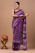 Rovim Jaipuri Traditional Hand Block Printed Cotton Mulmul Saree with Blouse for Women