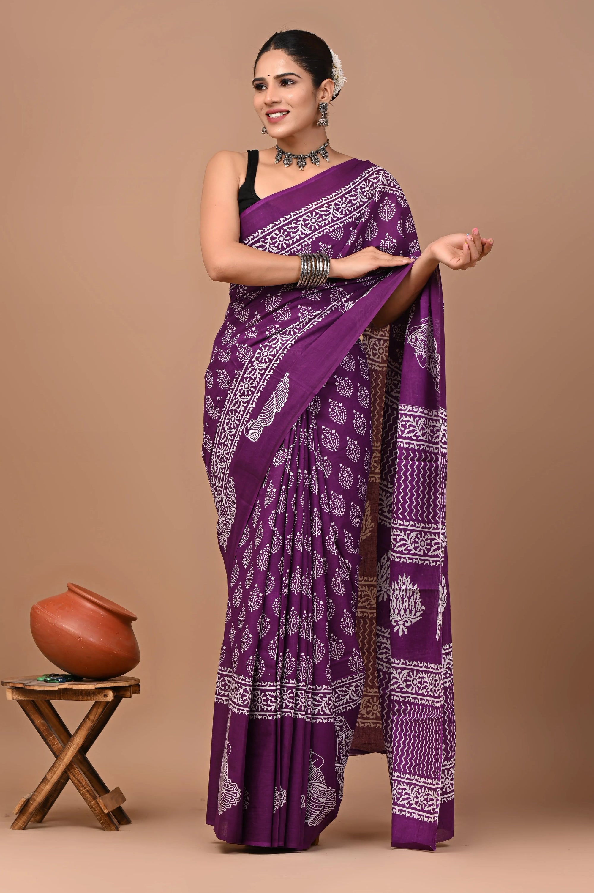 Rovim Jaipuri Traditional Hand Block Printed Cotton Mulmul Saree with Blouse for Women