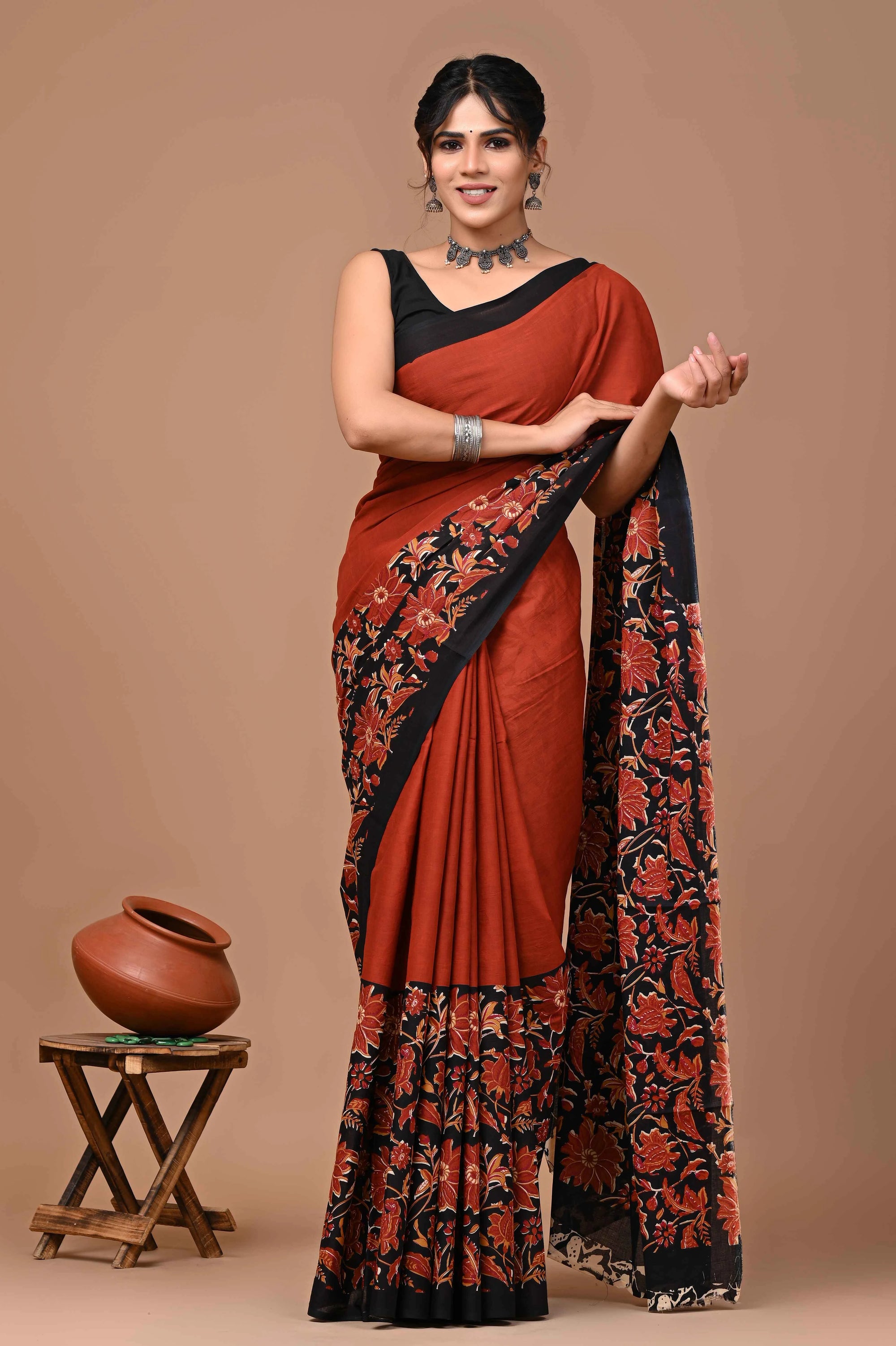 jaipuri hand block kalamkari printed pure cotton mulmul saree with blouse 