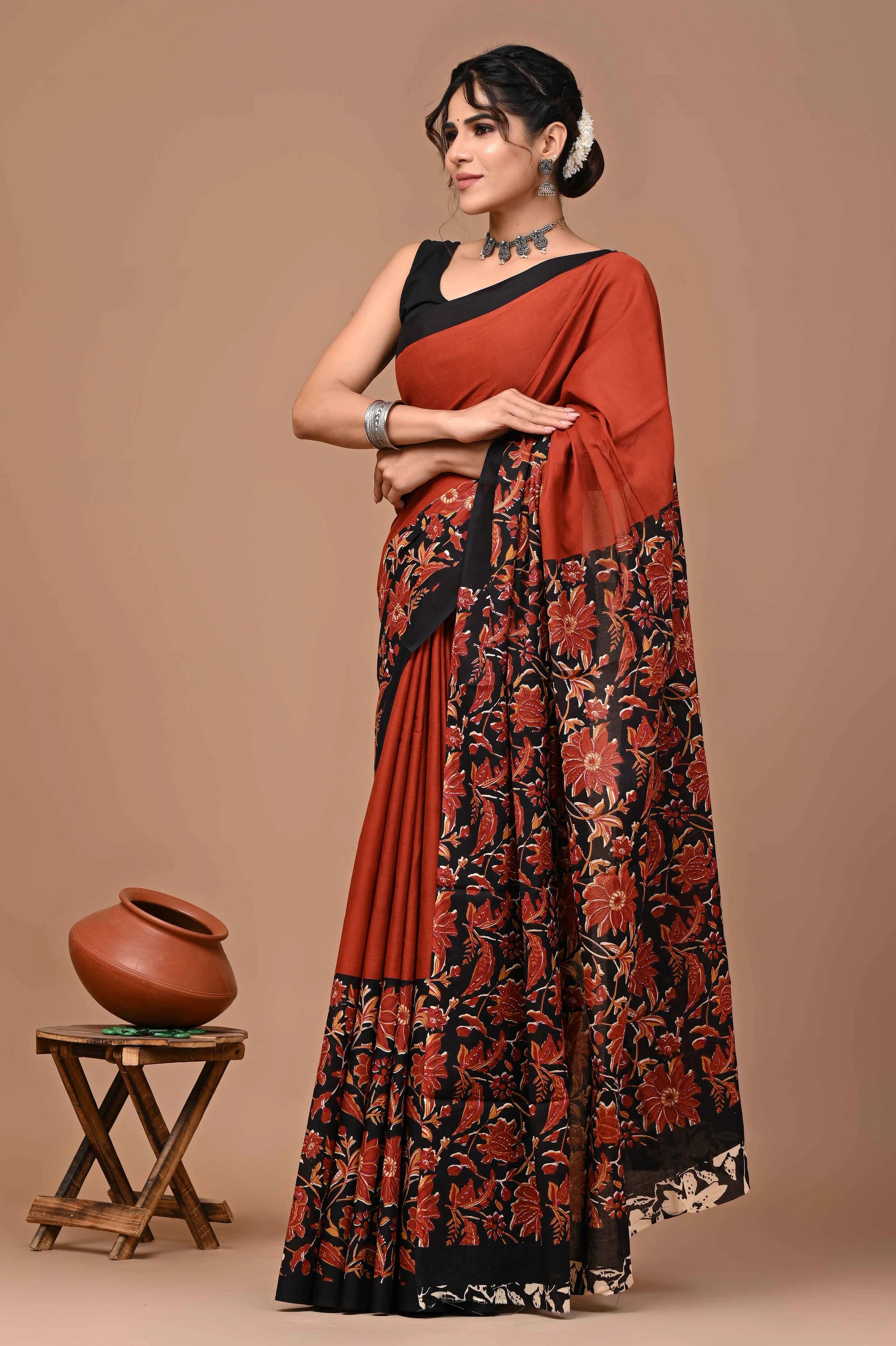 Rovim Jaipuri Traditional Hand Block Printed Cotton Mulmul Saree with Blouse for Women