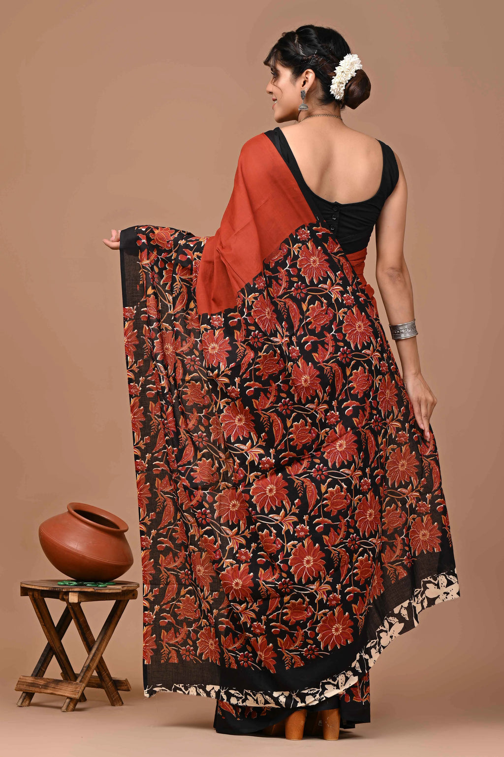 Rovim Jaipuri Traditional Hand Block Printed Cotton Mulmul Saree with Blouse for Women