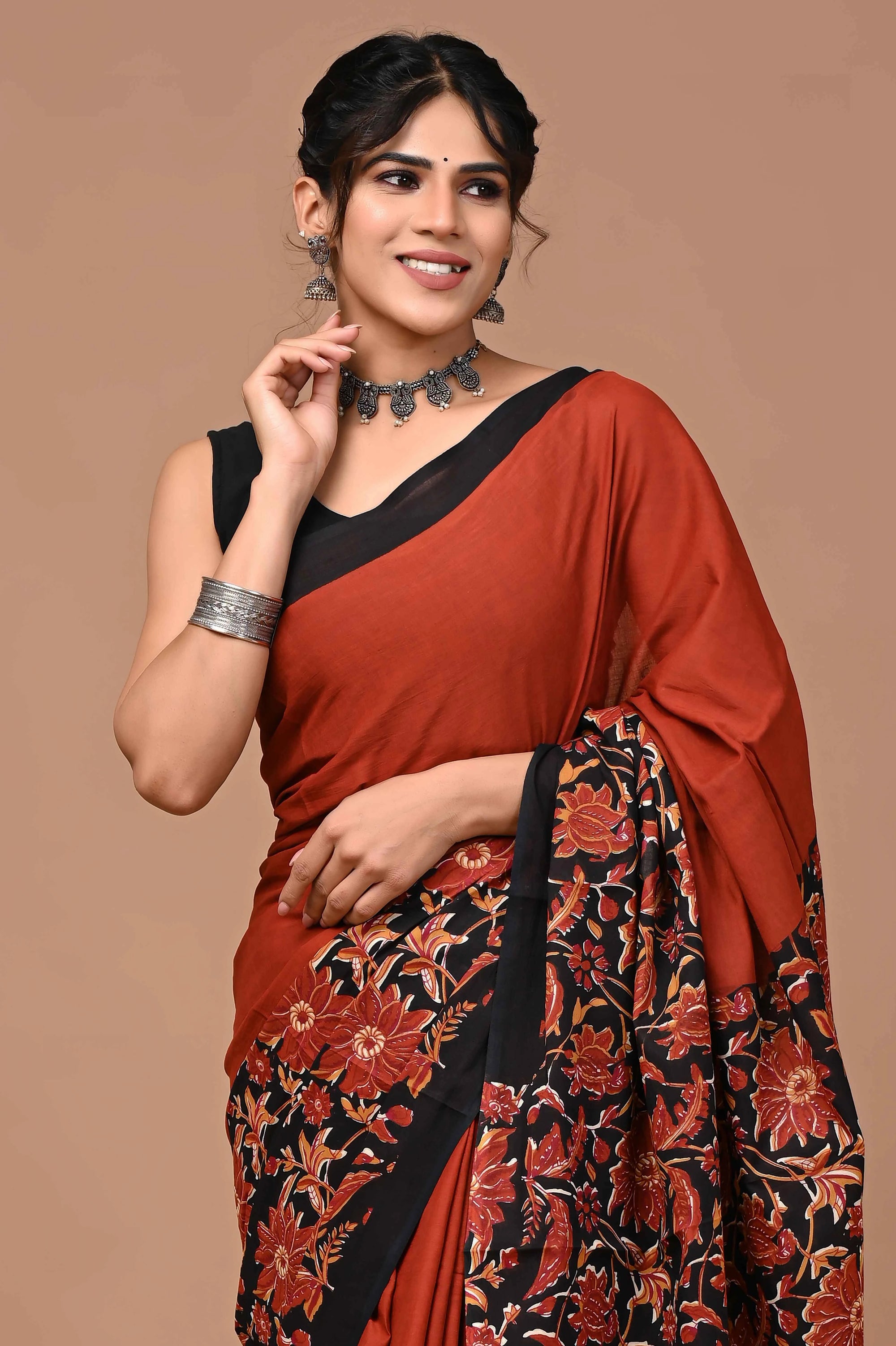 Rovim Jaipuri Traditional Hand Block Printed Cotton Mulmul Saree with Blouse for Women