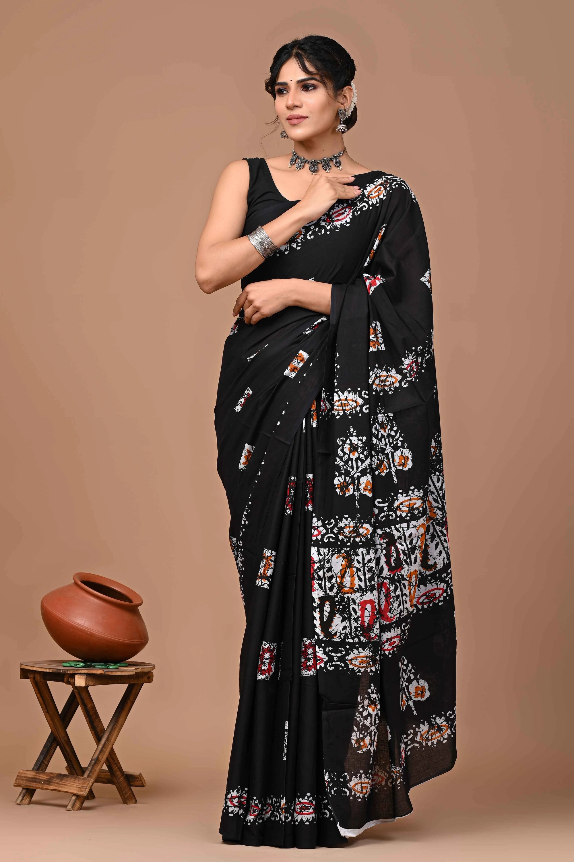 Rovim Jaipuri Traditional Hand Block Printed Cotton Mulmul Saree with Blouse for Women