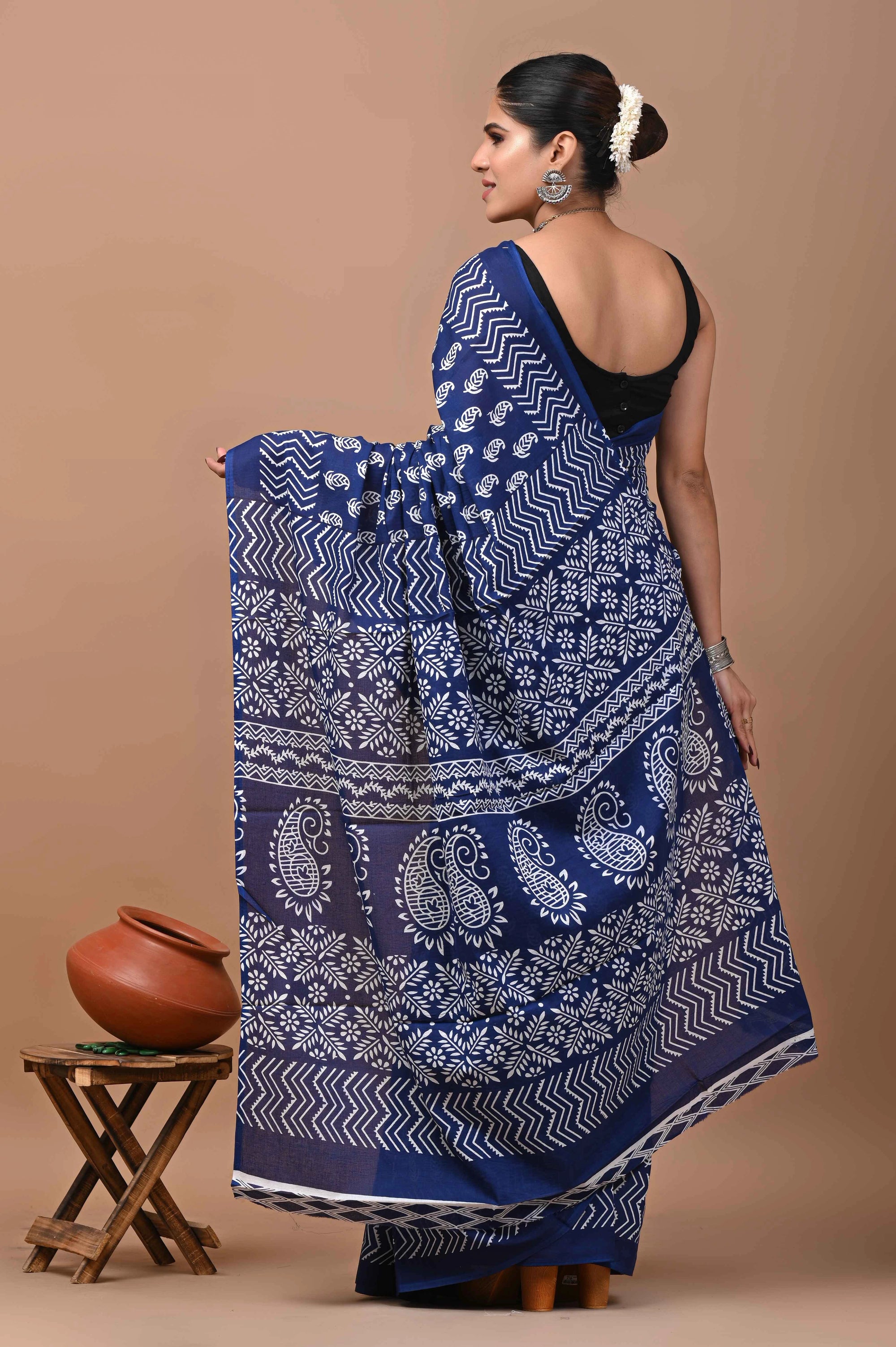 Rovim Jaipuri Traditional Hand Block Printed Cotton Mulmul Saree with Blouse for Women