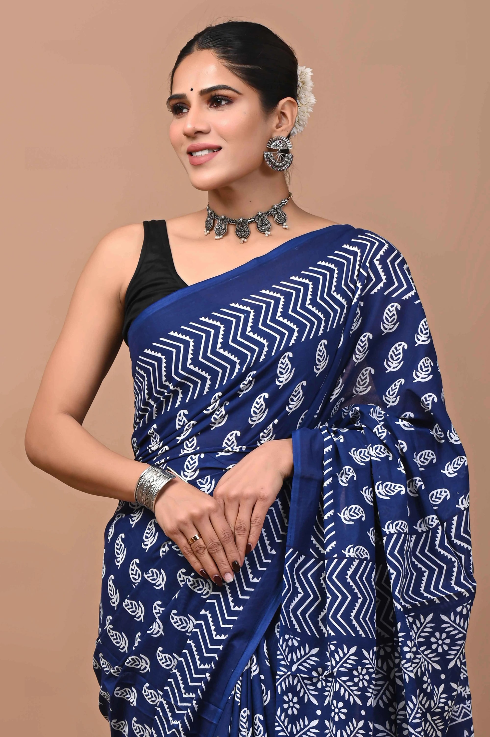 Rovim Jaipuri Traditional Hand Block Printed Cotton Mulmul Saree with Blouse for Women