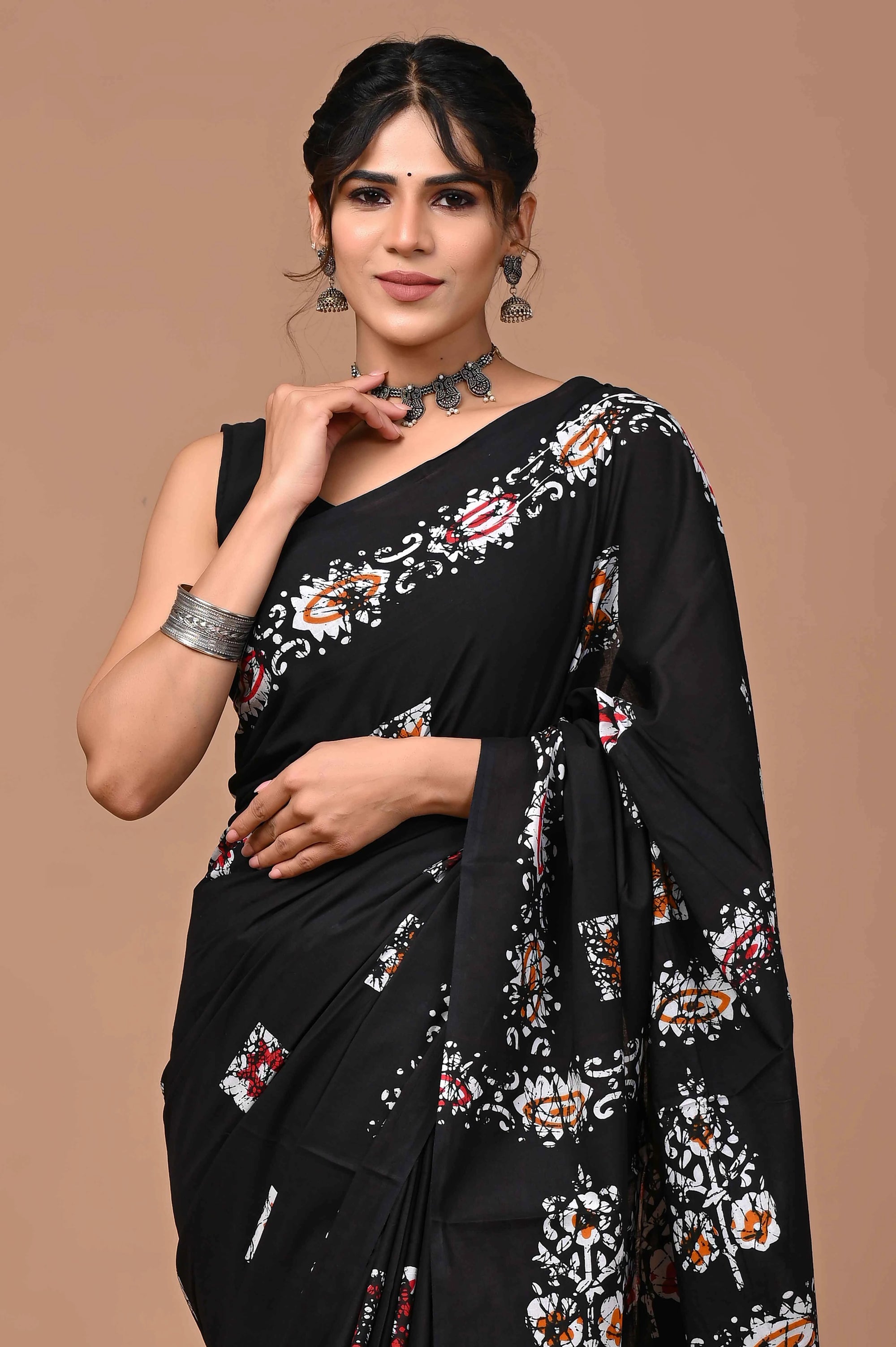 Rovim Jaipuri Traditional Hand Block Printed Cotton Mulmul Saree with Blouse for Women
