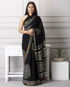 Rovim Jaipuri Hand Block Printed Soft Cotton Saree with Golden Zari Border & Blouse Peice