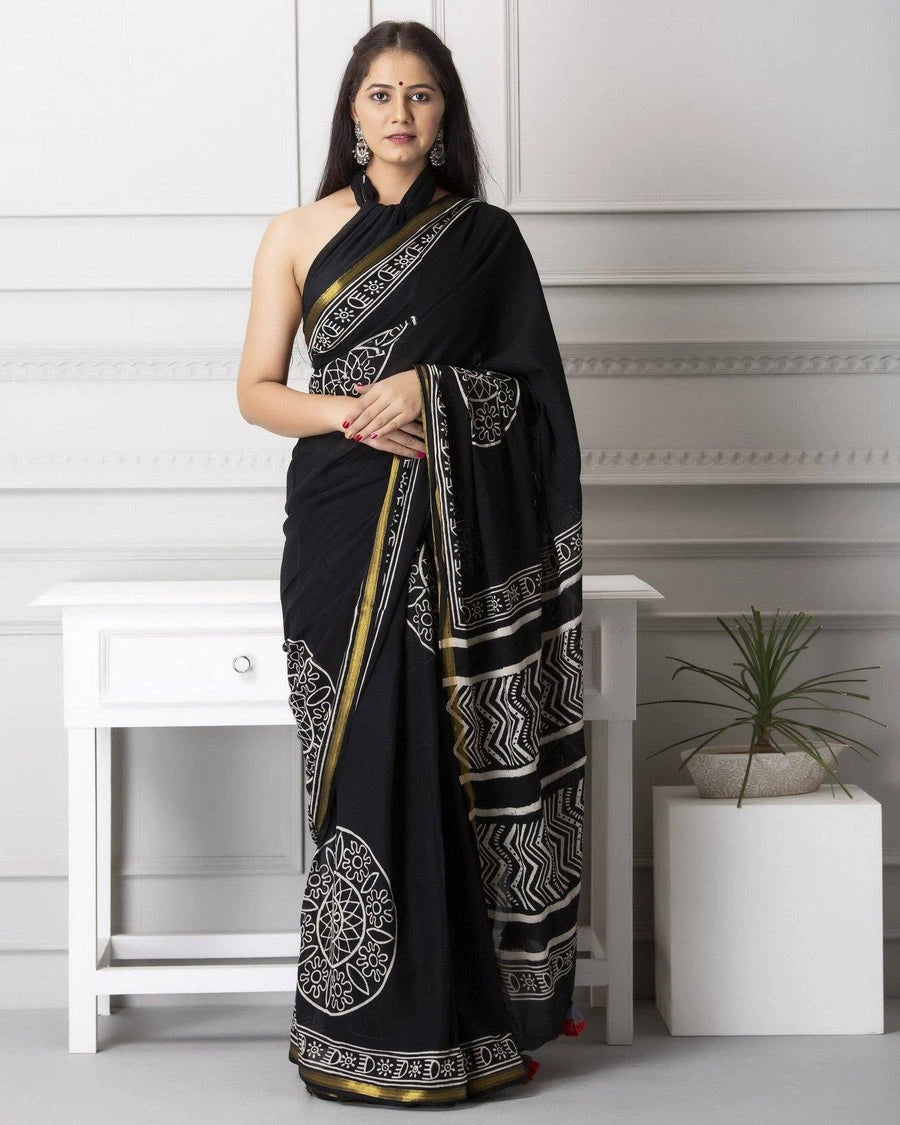 Rovim Jaipuri Hand Block Printed Soft Cotton Saree with Golden Zari Border & Blouse Peice