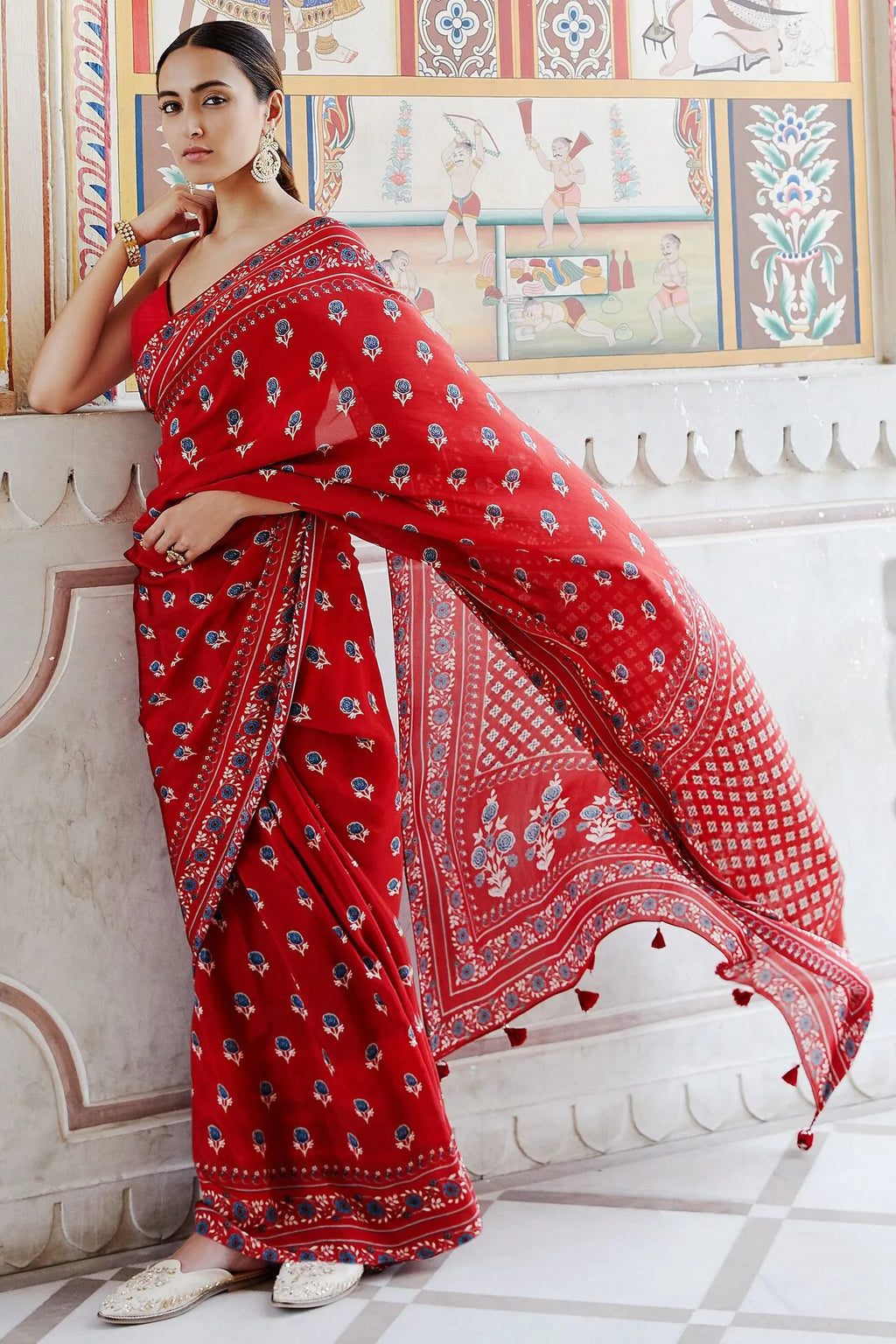 Rovim Jaipuri Hand Block Printed Pure Cotton Mulmul Saree with Blouse for Women