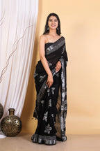 Rovim Jaipuri Hand Block Printed Pure Cotton Linen Saree with Blouse for Women's