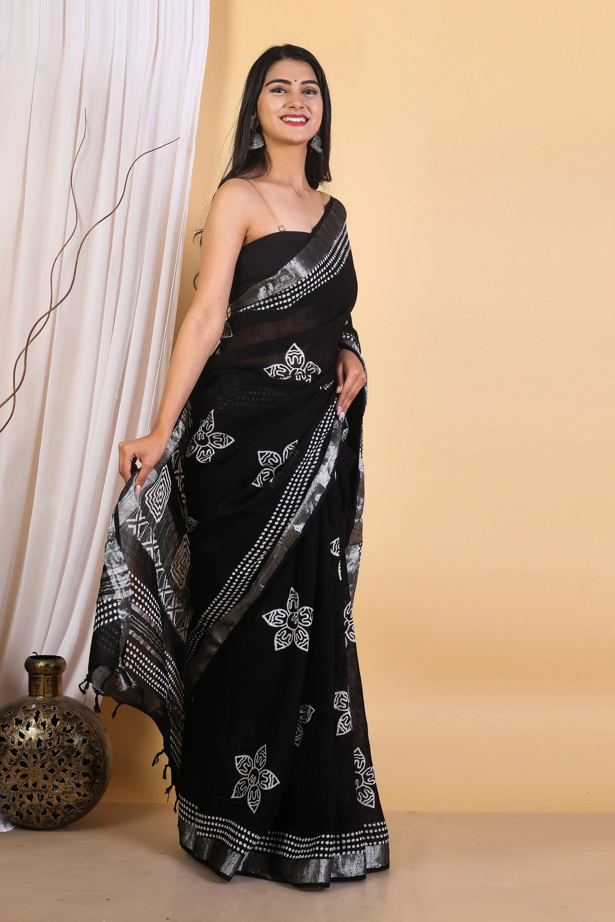 Rovim Jaipuri Hand Block Printed Pure Cotton Linen Saree with Blouse for Women's